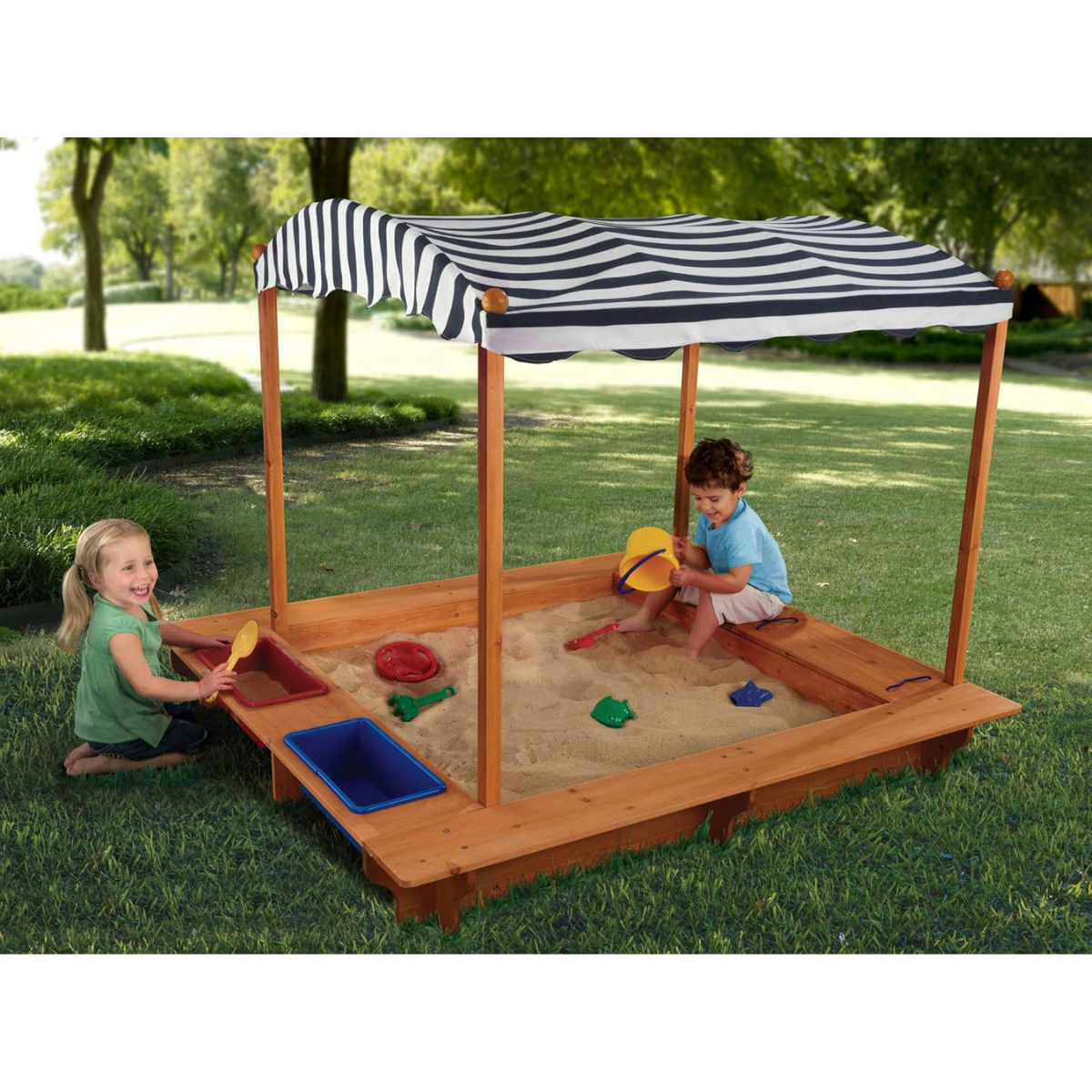 KidKraft 165 Wooden Sandbox with Canopy, Outdoor Sandpit Playset for Kids, Storage Bins, Weather Resistant Wood, Mesh Cover, Garden Sand Toys for Children Ages 3 to 8