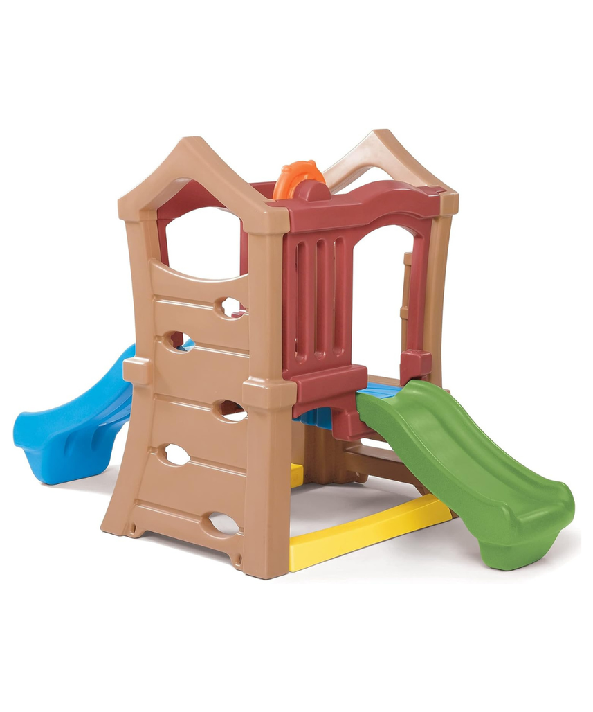 Step2 Double Slide Climber, Brown, Two-Tier Outdoor Climber with Ladder, Rock Wall & Rotating Steering Wheel