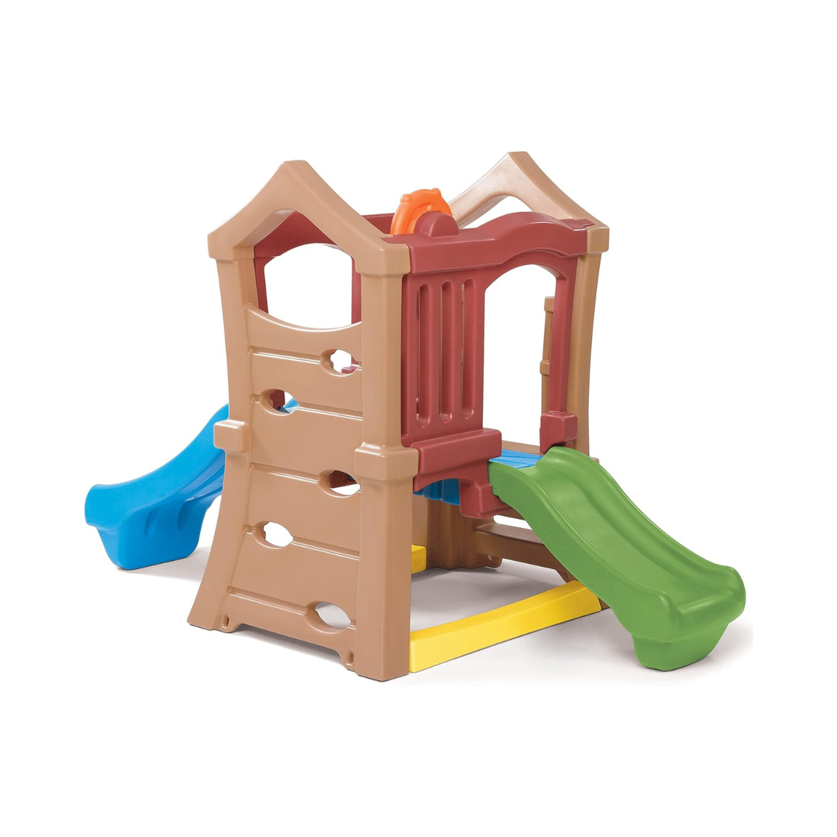 Step2 Double Slide Climber, Brown, Two-Tier Outdoor Climber with Ladder, Rock Wall & Rotating Steering Wheel
