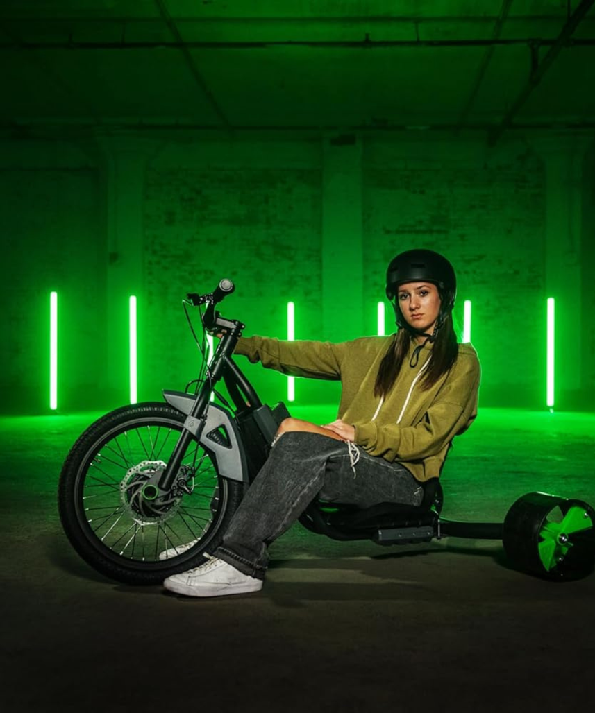 Huffy Green Machine Electric 36V Drift Trike, High Speed Electric Ride On with Adjustable Seat, Thumb Throttle Control and Drift Wheels, Teen Ride On Toy for Ages 14Y+