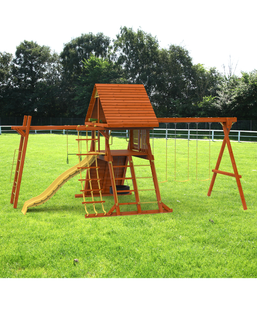 Kiddoro Discovery Den with Monkey Bars Wooden Swing Set, Backyard Playground with Slide, Swings, Climbing Wall & Clubhouse, Kids 2+ Years