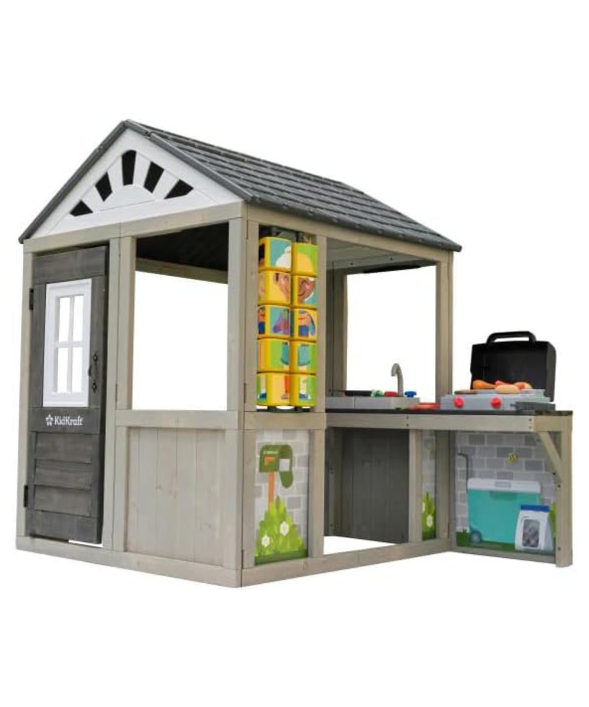 KidKraft Patio Party Wooden Outdoor Playhouse with Spinner Block Puzzle, 14pc, Backyard Playhouse for Kids Ages 3 and Up, Role Play Grill, Sink and Interactive Accessories