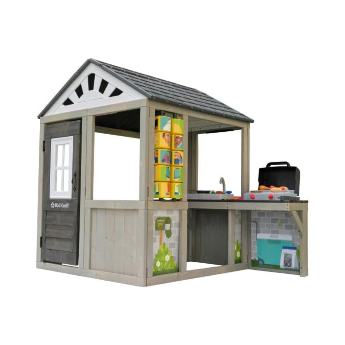 KidKraft Patio Party Wooden Outdoor Playhouse with Spinner Block Puzzle, 14pc, Backyard Playhouse for Kids Ages 3 and Up, Role Play Grill, Sink and Interactive Accessories
