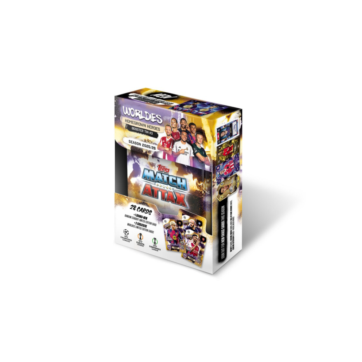 Topps Match Attax UCC 2025 2026 Mini Tin Collectible Football Trading Cards with 32 Cards and Exclusive Worldies Limited Editions, Official UEFA Licensed, Assorted Tin