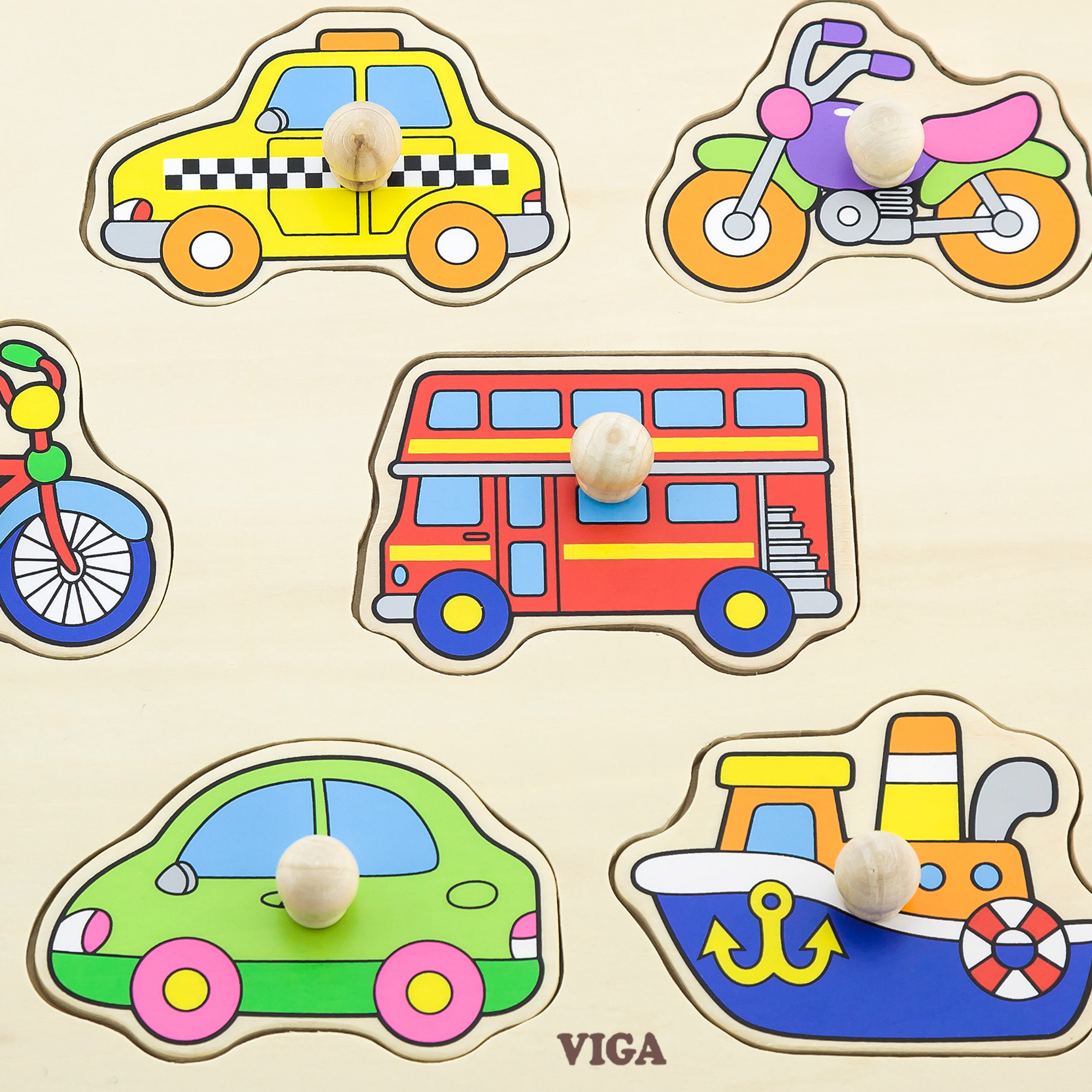 Viga Transports, 8 Piece Knob Puzzle, Montessori Wooden Toy, Develops Sensory, Cognitive & Fine Motor Skills, Non-Toxic & Eco-friendly Kids Educational Toy, Suitable for Boys and Girls Aged 18M+