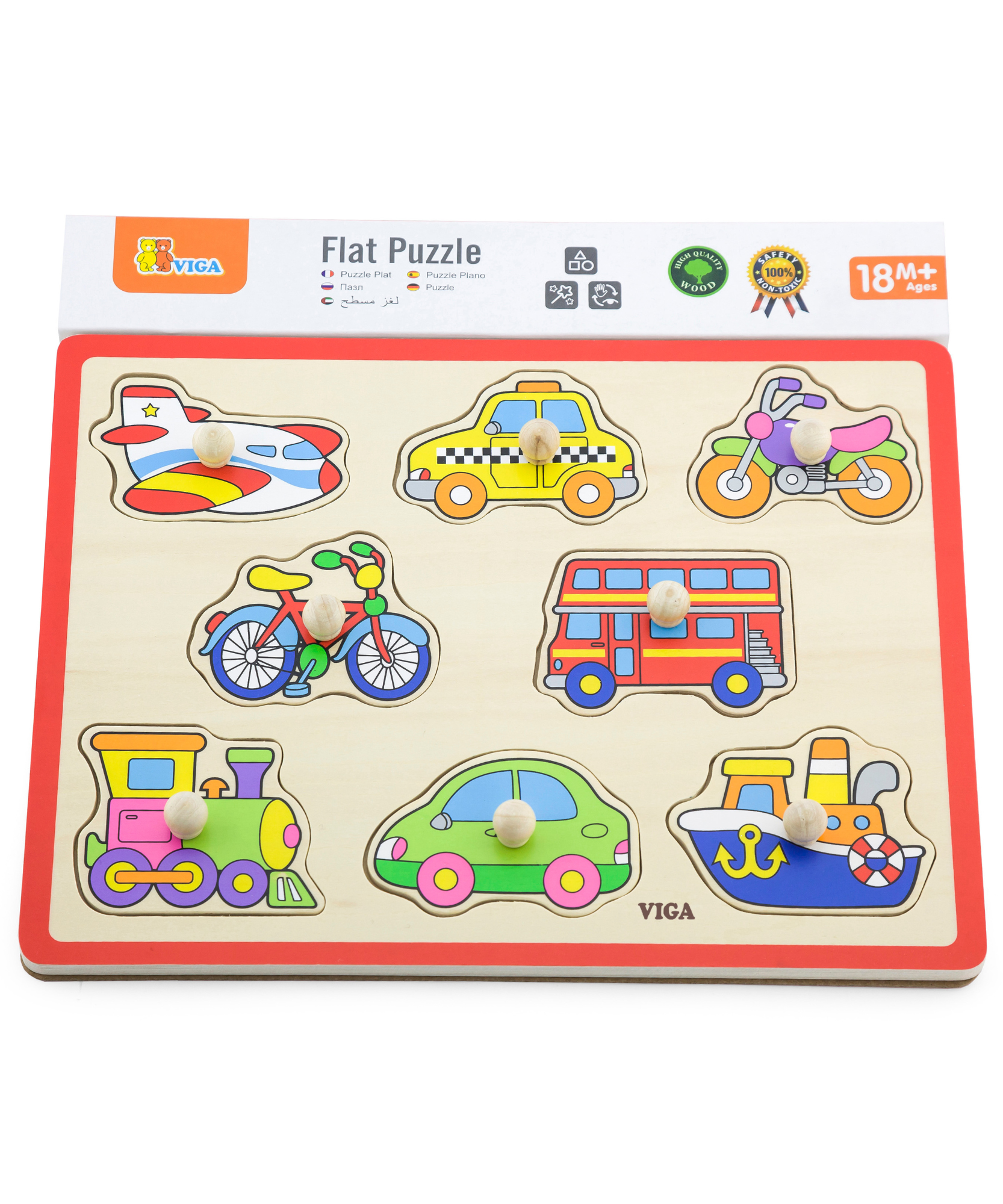Viga Transports, 8 Piece Knob Puzzle, Montessori Wooden Toy, Develops Sensory, Cognitive & Fine Motor Skills, Non-Toxic & Eco-friendly Kids Educational Toy, Suitable for Boys and Girls Aged 18M+