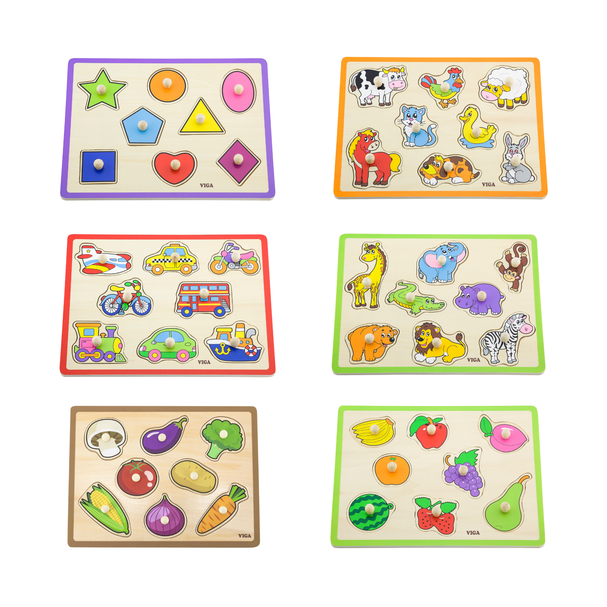 Viga Transports, 8 Piece Knob Puzzle, Montessori Wooden Toy, Develops Sensory, Cognitive & Fine Motor Skills, Non-Toxic & Eco-friendly Kids Educational Toy, Suitable for Boys and Girls Aged 18M+