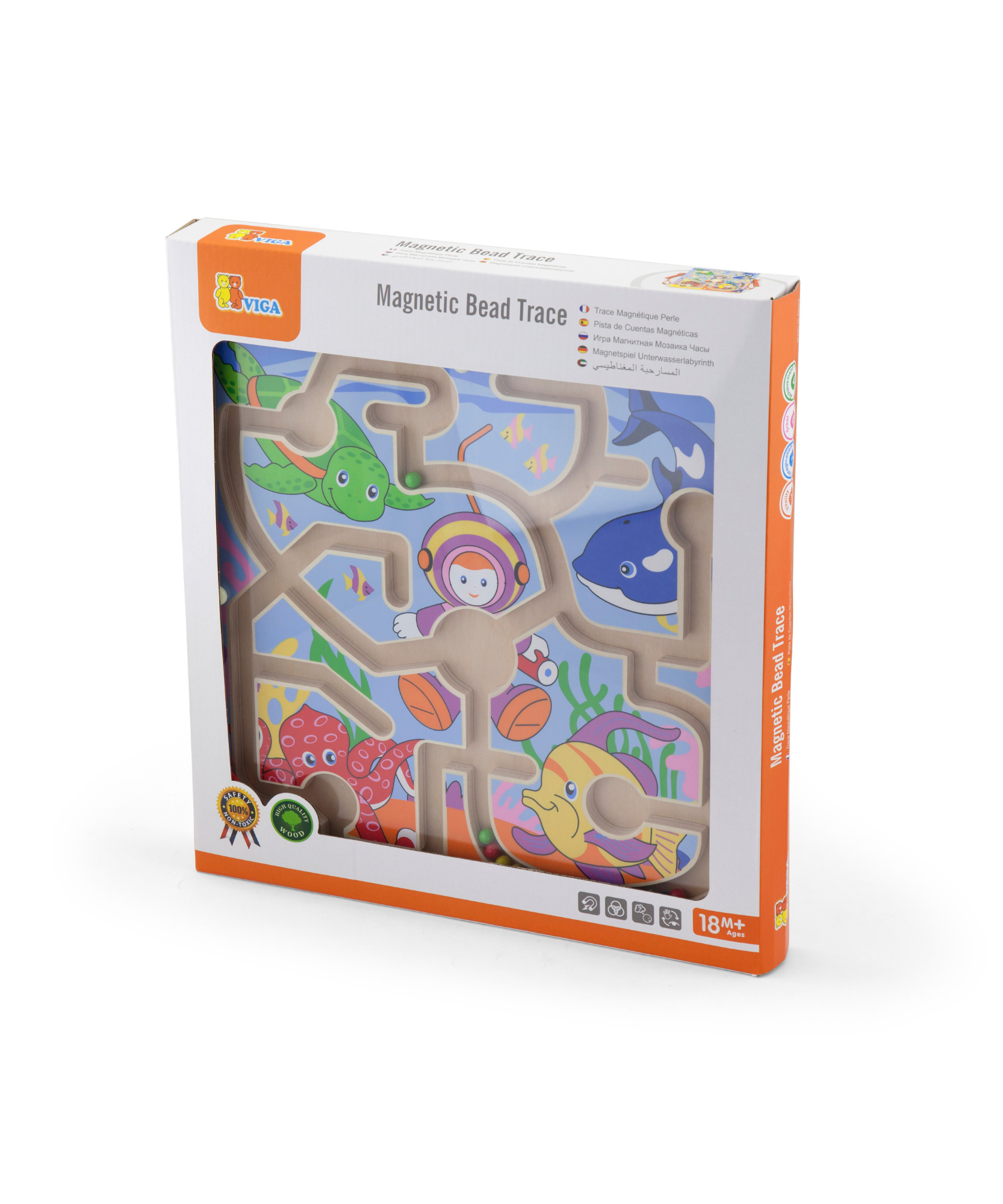 تتبع الخرز المغناطيسي من فيجا - تحت البحر، لعبة متاهة خشبية مغناطيسية من مونتيسوري للأطفال الصغار، تنمية المهارات الحركية الدقيقة والتنسيق بين اليد والعين، صديقة للبيئة، دهانات غير سامة، مناسبة للأعمار من 18 شهرًا فما فوق