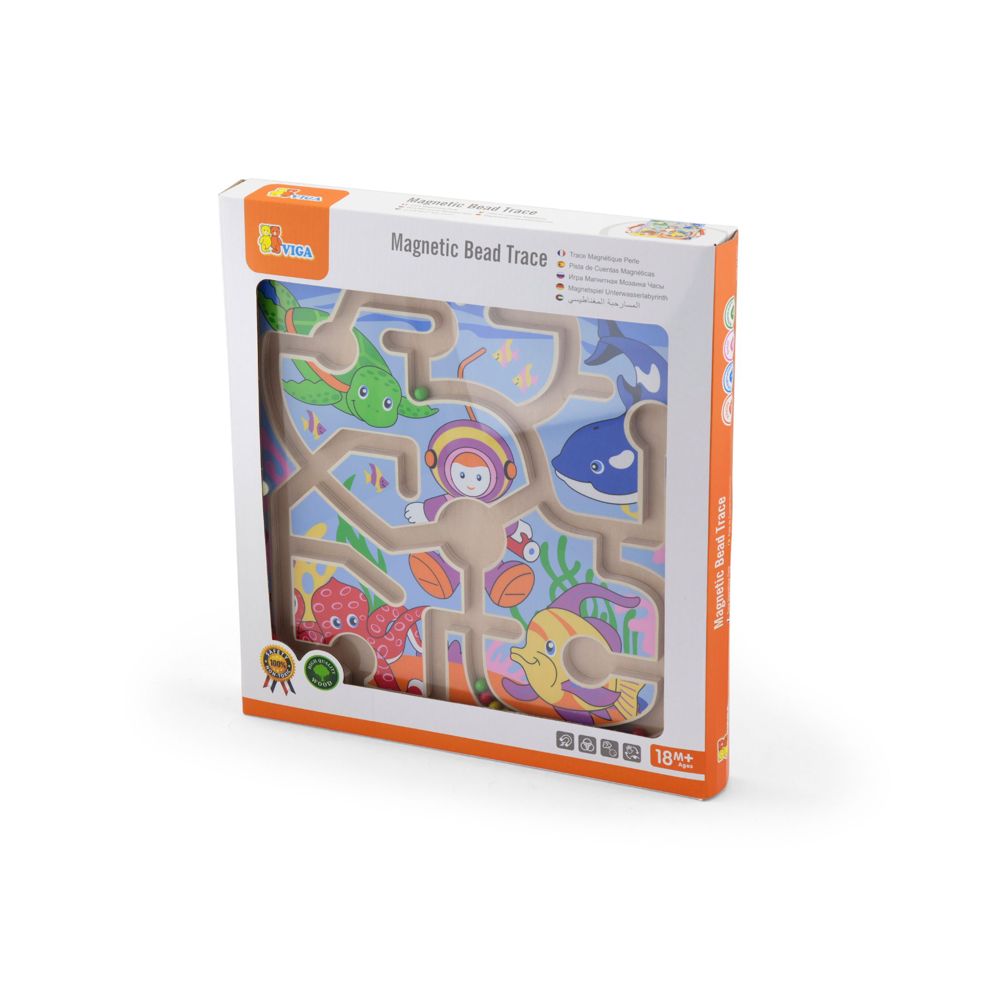 تتبع الخرز المغناطيسي من فيجا - تحت البحر، لعبة متاهة خشبية مغناطيسية من مونتيسوري للأطفال الصغار، تنمية المهارات الحركية الدقيقة والتنسيق بين اليد والعين، صديقة للبيئة، دهانات غير سامة، مناسبة للأعمار من 18 شهرًا فما فوق