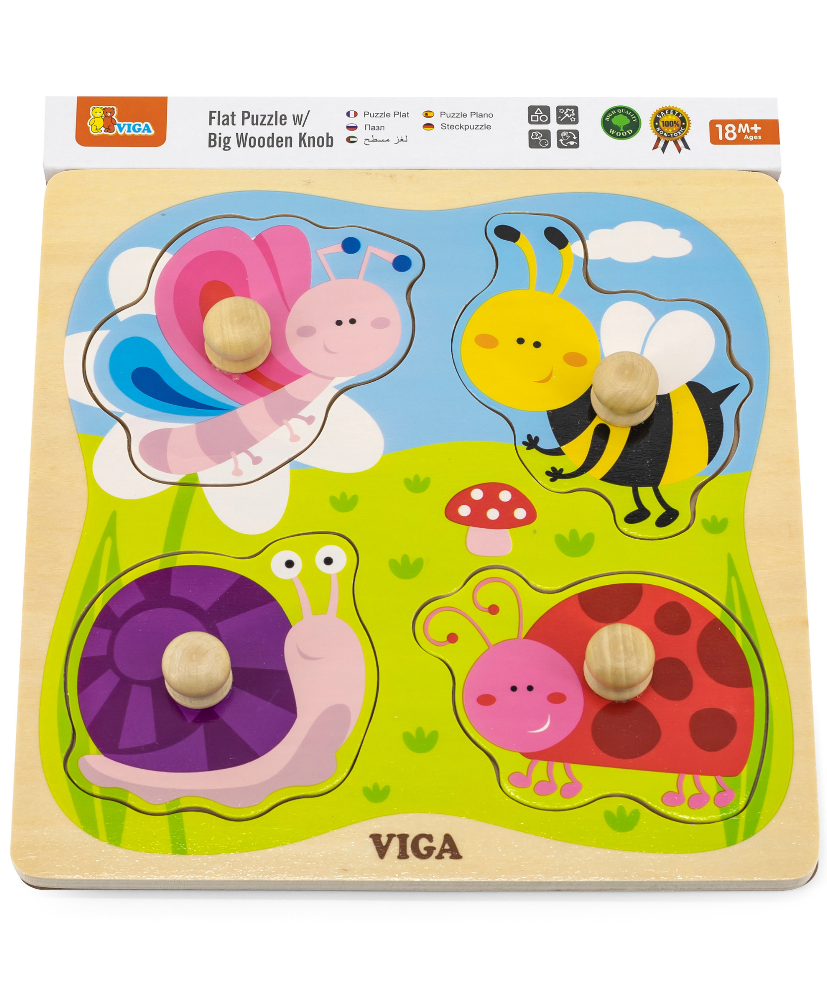 Viga Insect, 4 Piece Knob Puzzle, Montessori Wooden Toy, Develops Sensory, Cognitive & Fine Motor Skills, Non-Toxic & Eco-friendly Kids Educational Toy, Suitable for Boys and Girls Aged 12M+