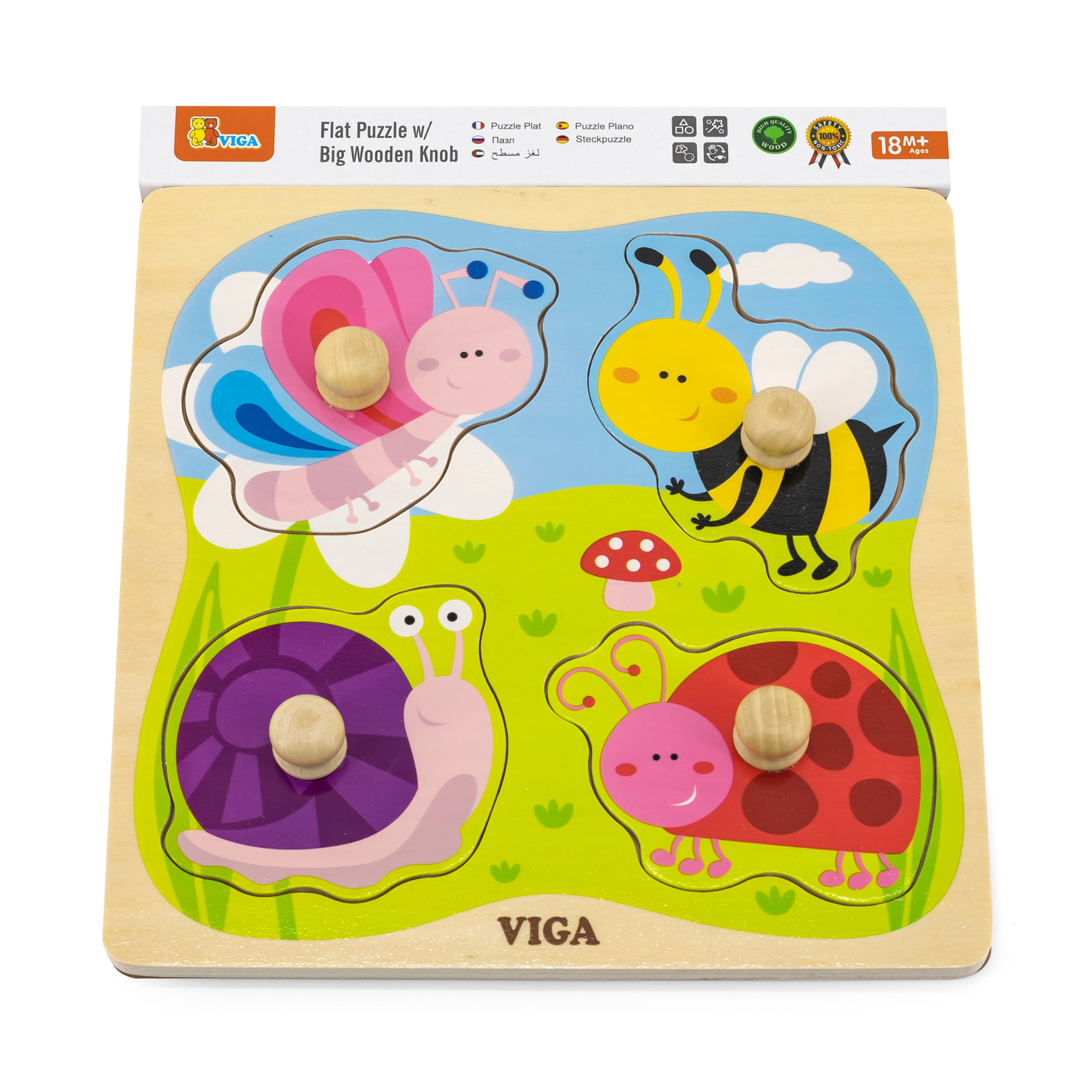 Viga Insect, 4 Piece Knob Puzzle, Montessori Wooden Toy, Develops Sensory, Cognitive & Fine Motor Skills, Non-Toxic & Eco-friendly Kids Educational Toy, Suitable for Boys and Girls Aged 12M+