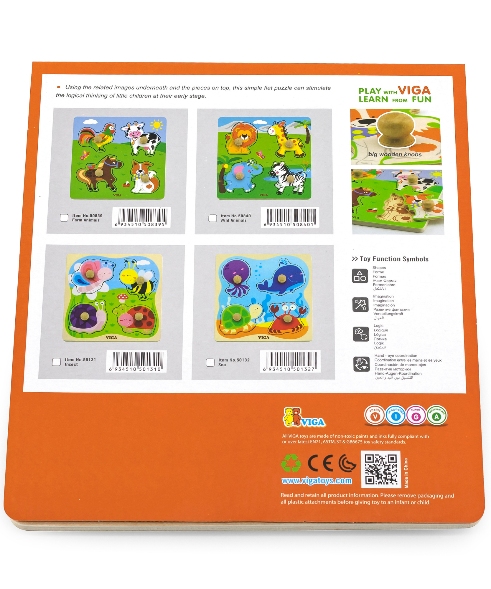 Viga Insect, 4 Piece Knob Puzzle, Montessori Wooden Toy, Develops Sensory, Cognitive & Fine Motor Skills, Non-Toxic & Eco-friendly Kids Educational Toy, Suitable for Boys and Girls Aged 12M+