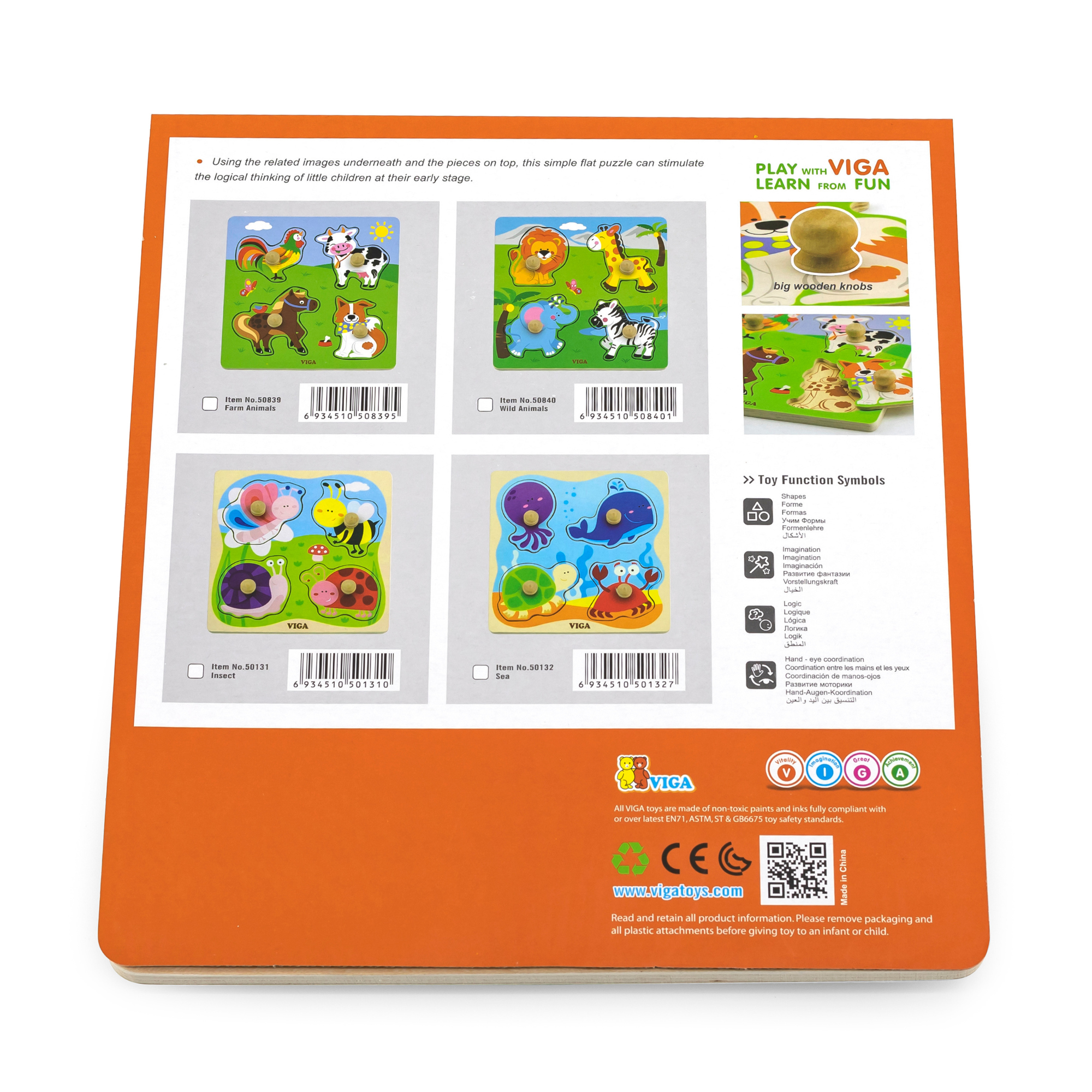 Viga Insect, 4 Piece Knob Puzzle, Montessori Wooden Toy, Develops Sensory, Cognitive & Fine Motor Skills, Non-Toxic & Eco-friendly Kids Educational Toy, Suitable for Boys and Girls Aged 12M+