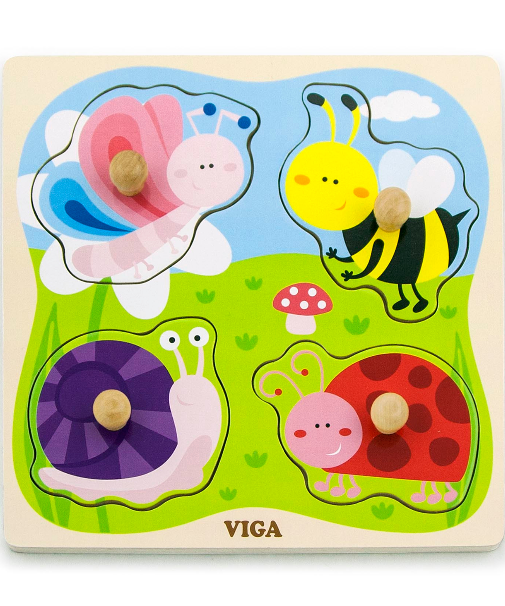 Viga Insect, 4 Piece Knob Puzzle, Montessori Wooden Toy, Develops Sensory, Cognitive & Fine Motor Skills, Non-Toxic & Eco-friendly Kids Educational Toy, Suitable for Boys and Girls Aged 12M+