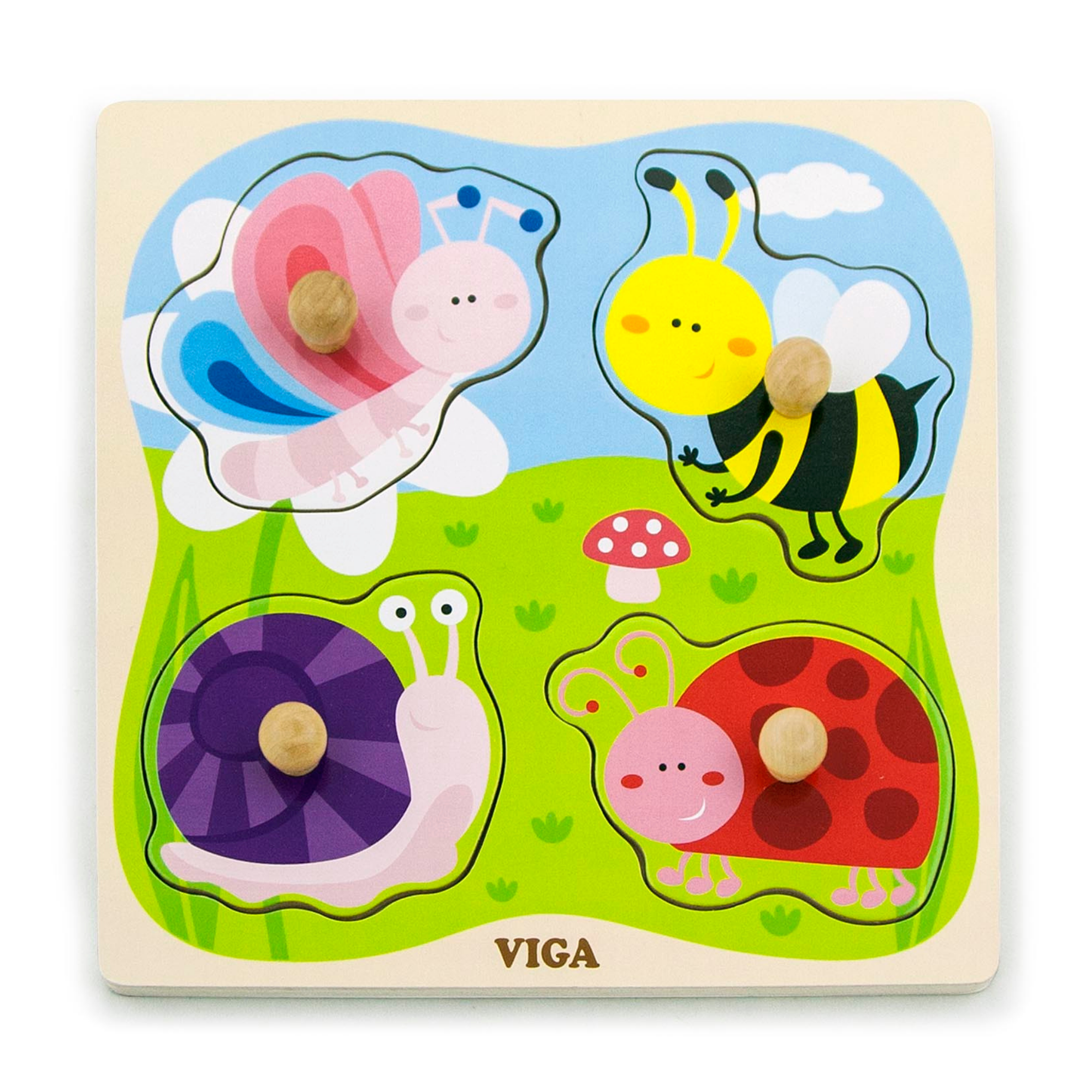 Viga Insect, 4 Piece Knob Puzzle, Montessori Wooden Toy, Develops Sensory, Cognitive & Fine Motor Skills, Non-Toxic & Eco-friendly Kids Educational Toy, Suitable for Boys and Girls Aged 12M+