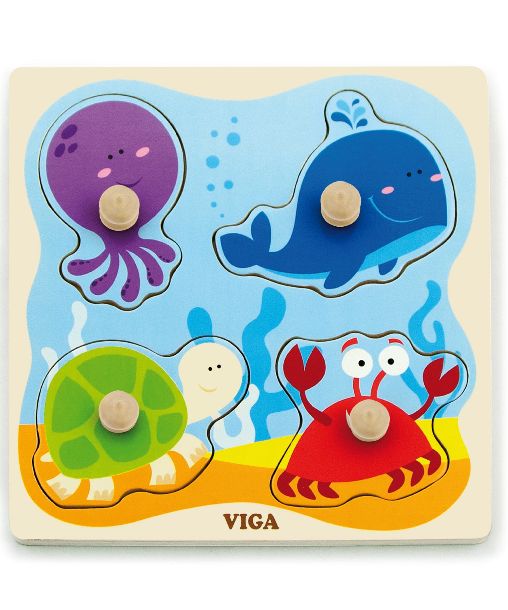Viga Sea Creature, 4 Piece Knob Puzzle, Montessori Wooden Toy, Develops Sensory, Cognitive & Fine Motor Skills, Non-Toxic & Eco-friendly Kids Educational Toy, Suitable for Boys and Girls Aged 12M+