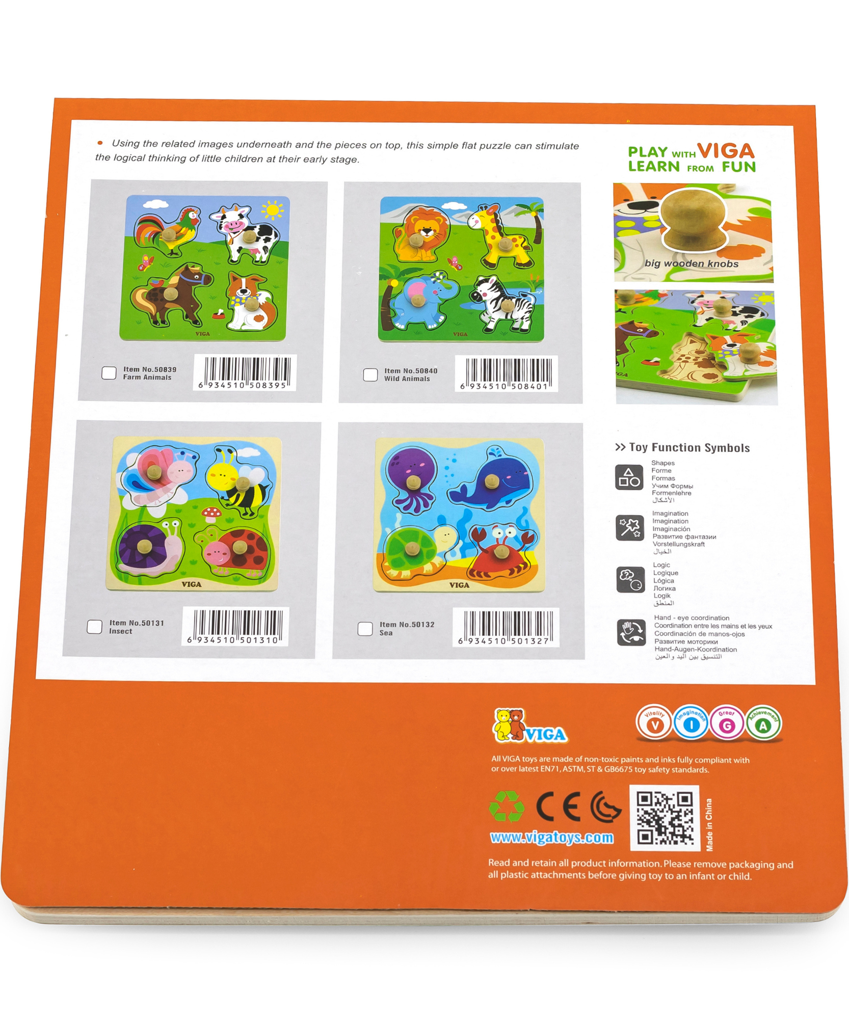 Viga Sea Creature, 4 Piece Knob Puzzle, Montessori Wooden Toy, Develops Sensory, Cognitive & Fine Motor Skills, Non-Toxic & Eco-friendly Kids Educational Toy, Suitable for Boys and Girls Aged 12M+