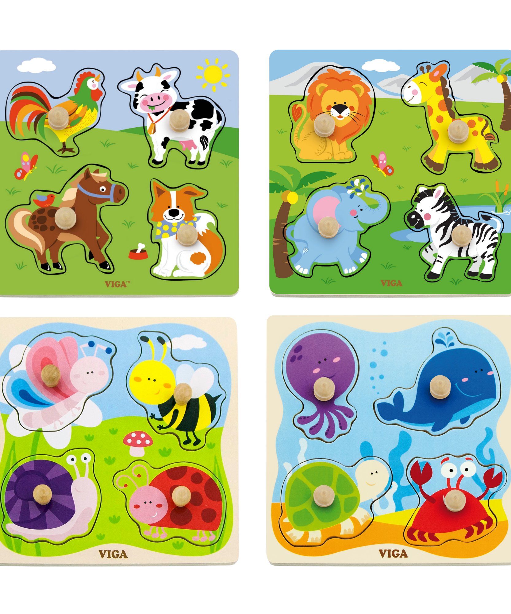 Viga Sea Creature, 4 Piece Knob Puzzle, Montessori Wooden Toy, Develops Sensory, Cognitive & Fine Motor Skills, Non-Toxic & Eco-friendly Kids Educational Toy, Suitable for Boys and Girls Aged 12M+