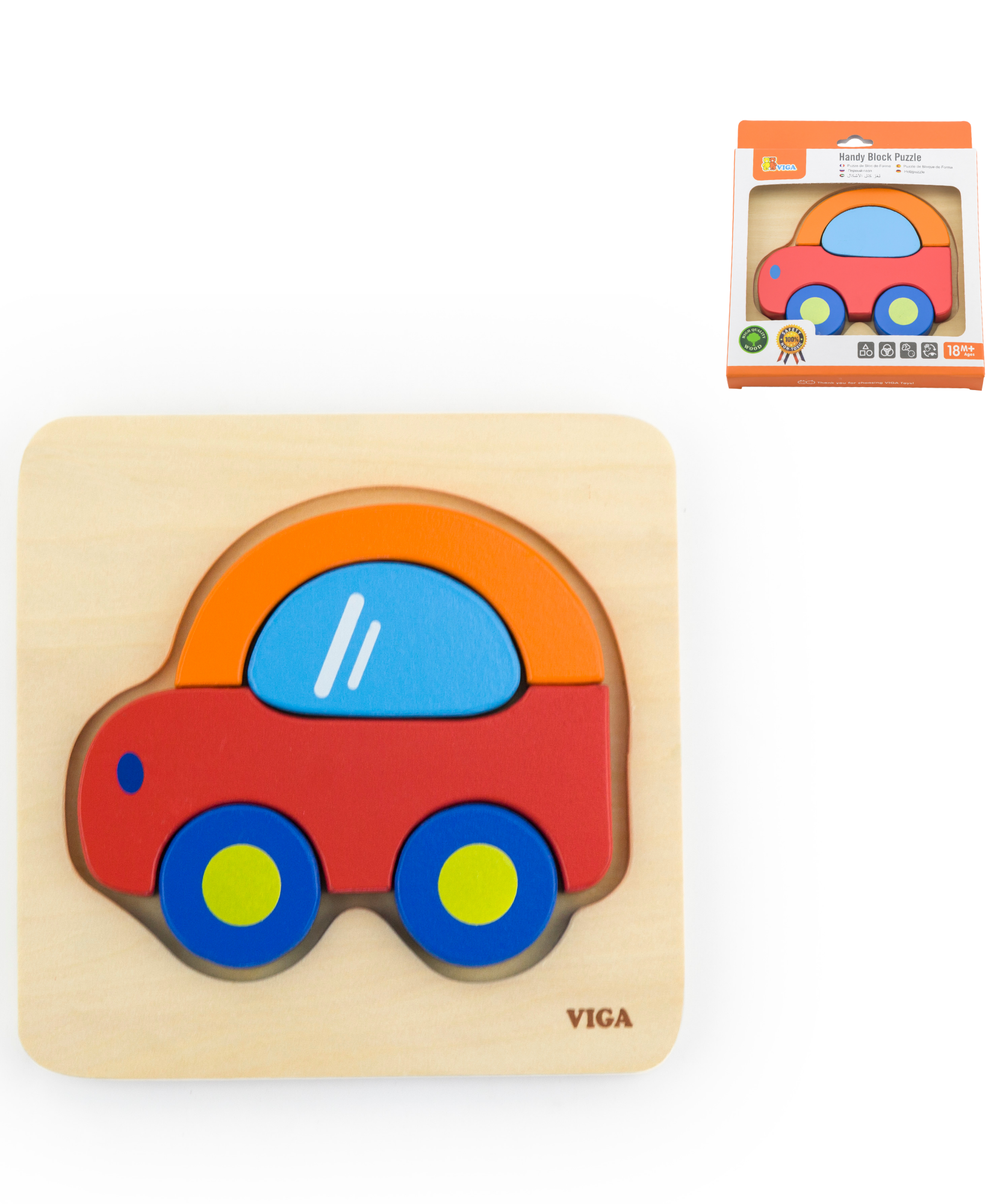 Viga Car, 5 Piece Block Puzzle, Montessori Wooden Toy, Develops Sensory, Cognitive & Fine Motor Skills, Non-Toxic & Eco-friendly Kids Educational Toy, Suitable for Boys and Girls Aged 18M+