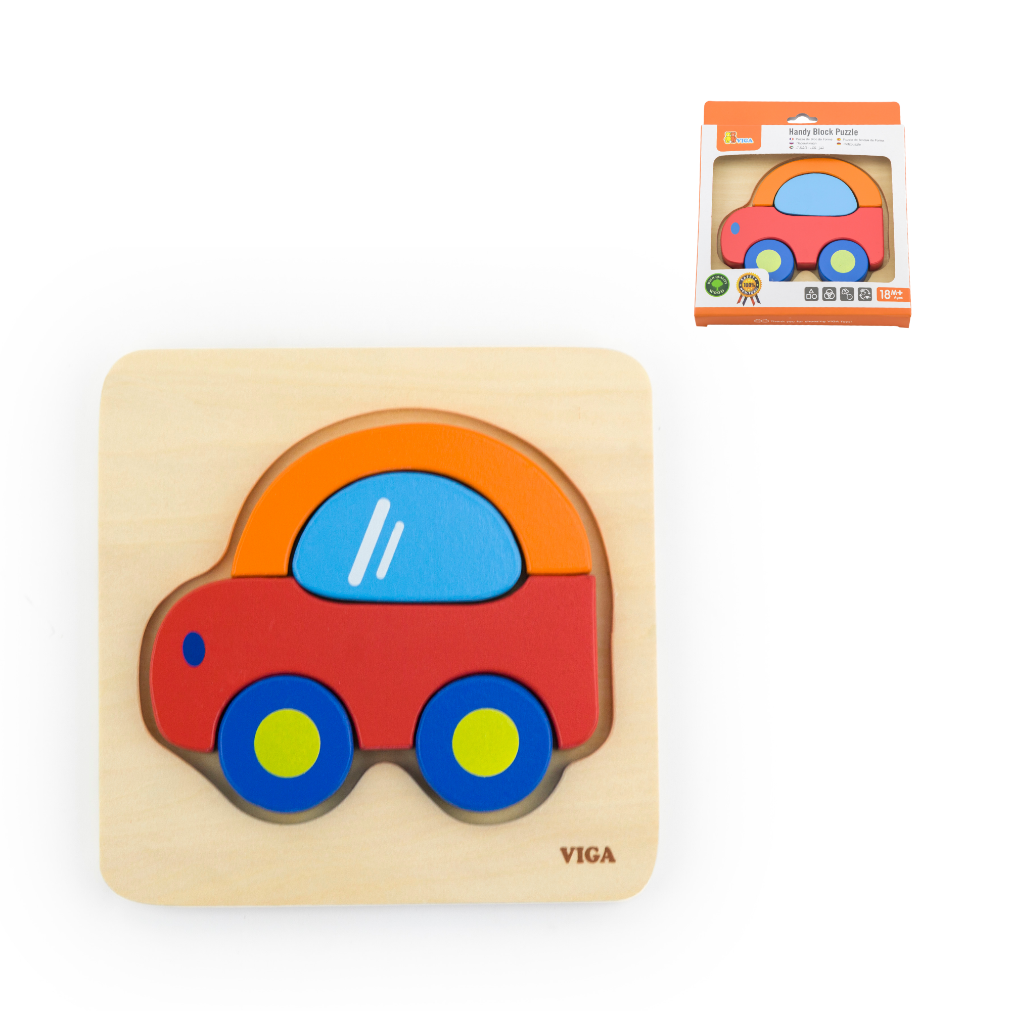 Viga Car, 5 Piece Block Puzzle, Montessori Wooden Toy, Develops Sensory, Cognitive & Fine Motor Skills, Non-Toxic & Eco-friendly Kids Educational Toy, Suitable for Boys and Girls Aged 18M+