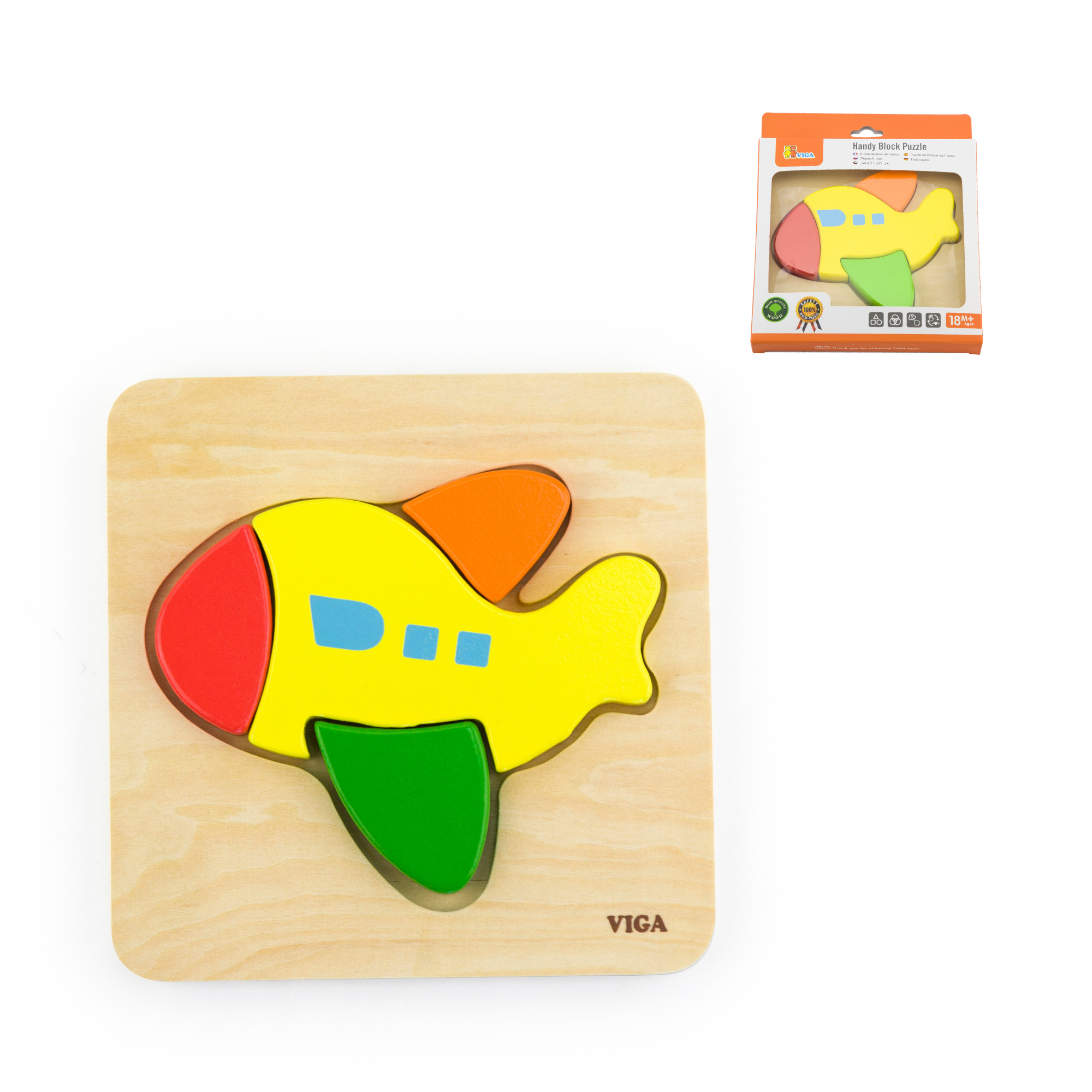 Viga Plane, 4 Piece Block Puzzle, Montessori Wooden Toy, Develops Sensory, Cognitive & Fine Motor Skills, Non-Toxic & Eco-friendly Kids Educational Toy, Suitable for Boys and Girls Aged 18M+
