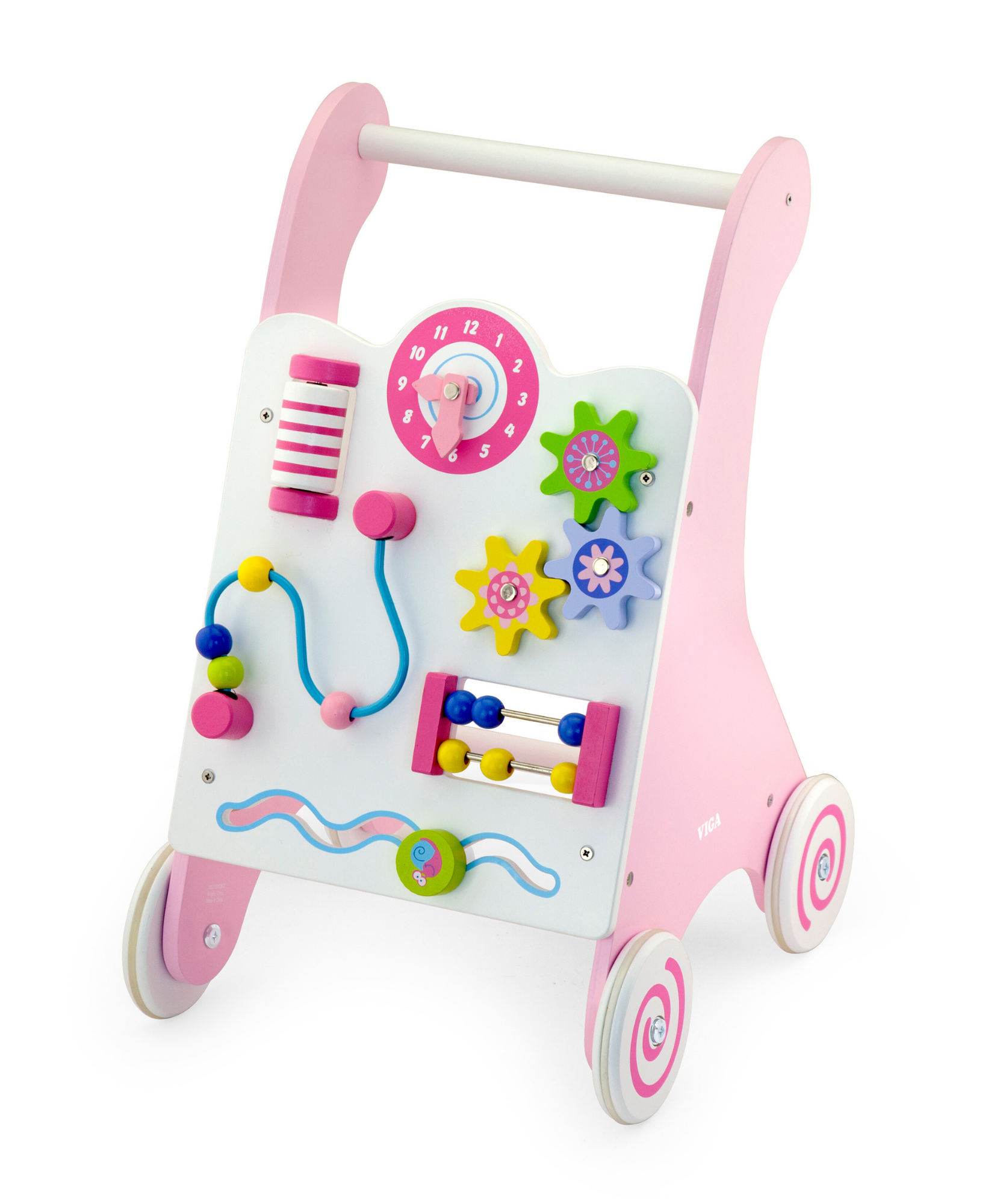 Viga Pink Wooden Activity Baby Walker, Montessori Toddler Walker with Clock, Bead Maze & Gears, Supports Walking & Motor Skills, Eco-Friendly & Non-Toxic Educational Toy, for Ages 18M+