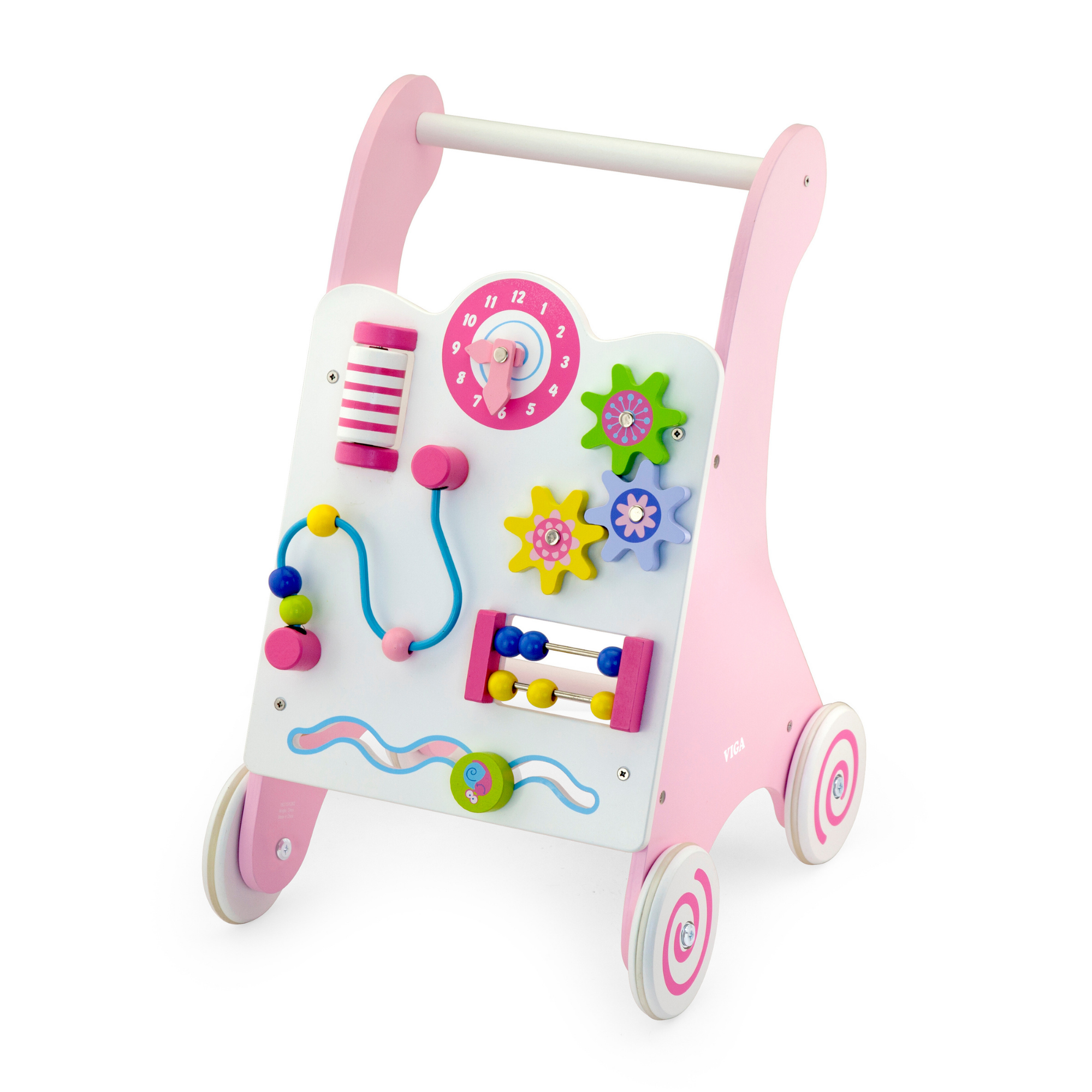 مشاية أطفال خشبية وردية اللون من فيجا، مشاية أطفال مونتيسوري مع ساعة ومتاهة خرزية وتروس، تدعم المشي والمهارات الحركية، لعبة تعليمية صديقة للبيئة وغير سامة، للأعمار من 18 شهرًا فما فوق