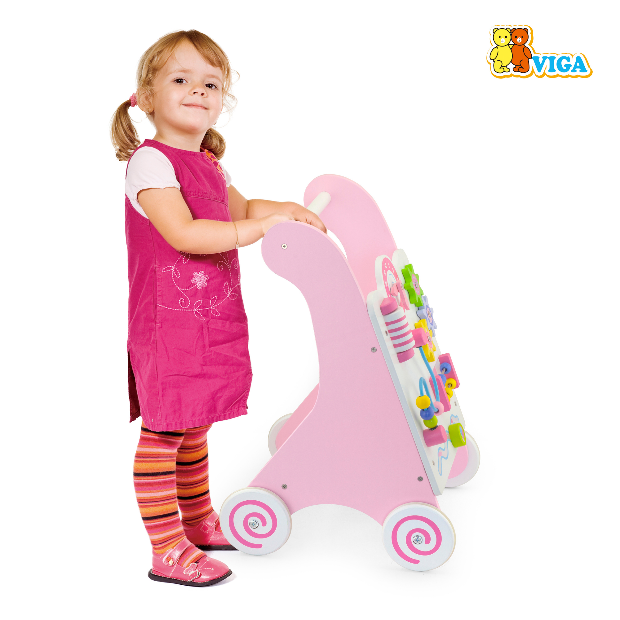 مشاية أطفال خشبية وردية اللون من فيجا، مشاية أطفال مونتيسوري مع ساعة ومتاهة خرزية وتروس، تدعم المشي والمهارات الحركية، لعبة تعليمية صديقة للبيئة وغير سامة، للأعمار من 18 شهرًا فما فوق