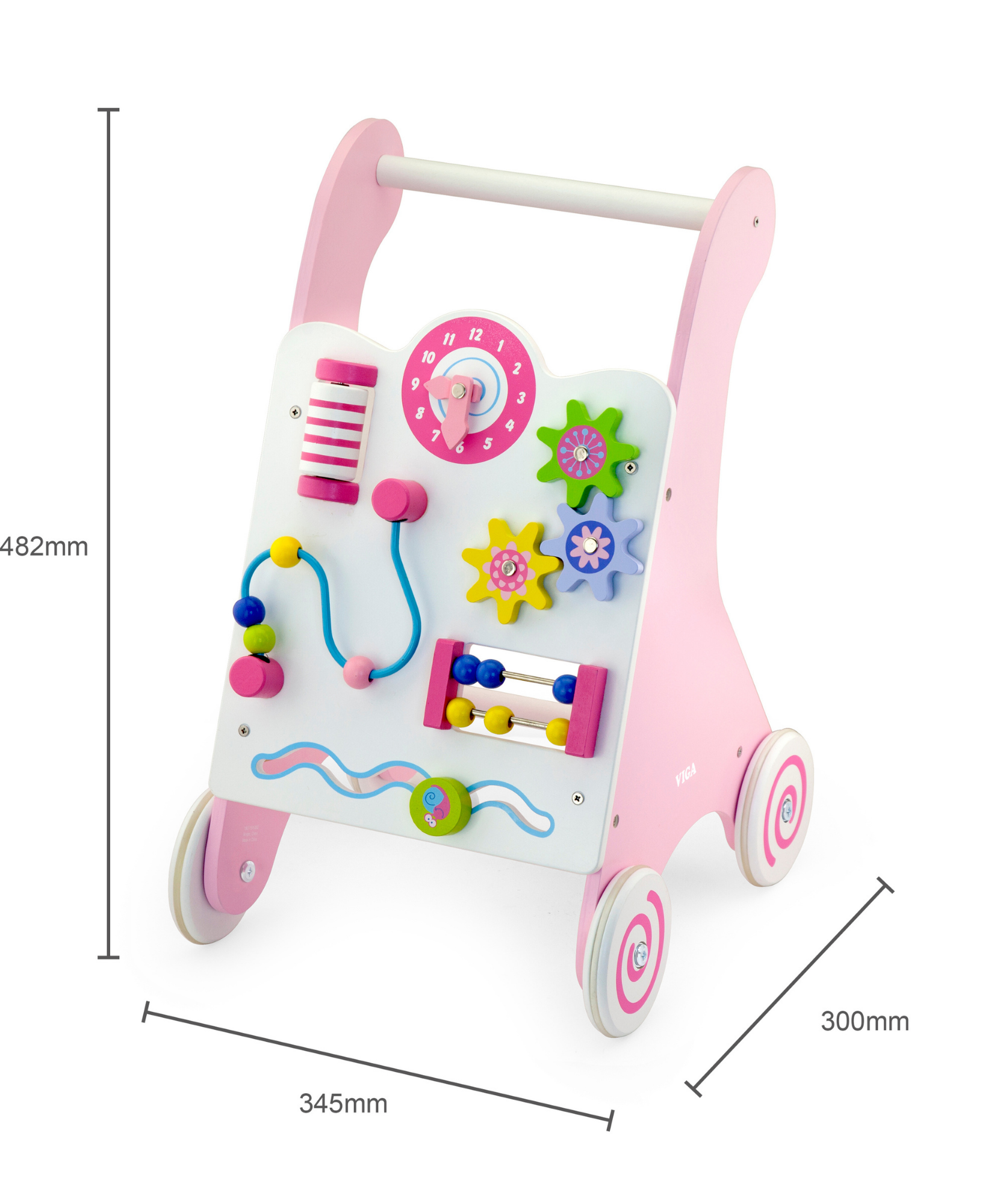 Viga Pink Wooden Activity Baby Walker, Montessori Toddler Walker with Clock, Bead Maze & Gears, Supports Walking & Motor Skills, Eco-Friendly & Non-Toxic Educational Toy, for Ages 18M+