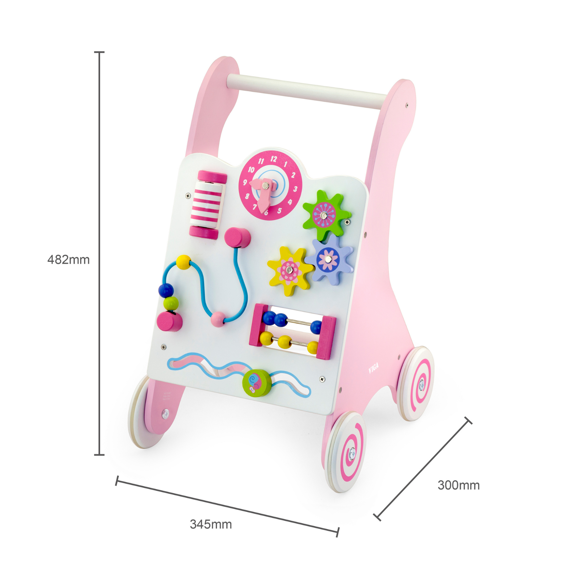 Viga Pink Wooden Activity Baby Walker, Montessori Toddler Walker with Clock, Bead Maze & Gears, Supports Walking & Motor Skills, Eco-Friendly & Non-Toxic Educational Toy, for Ages 18M+