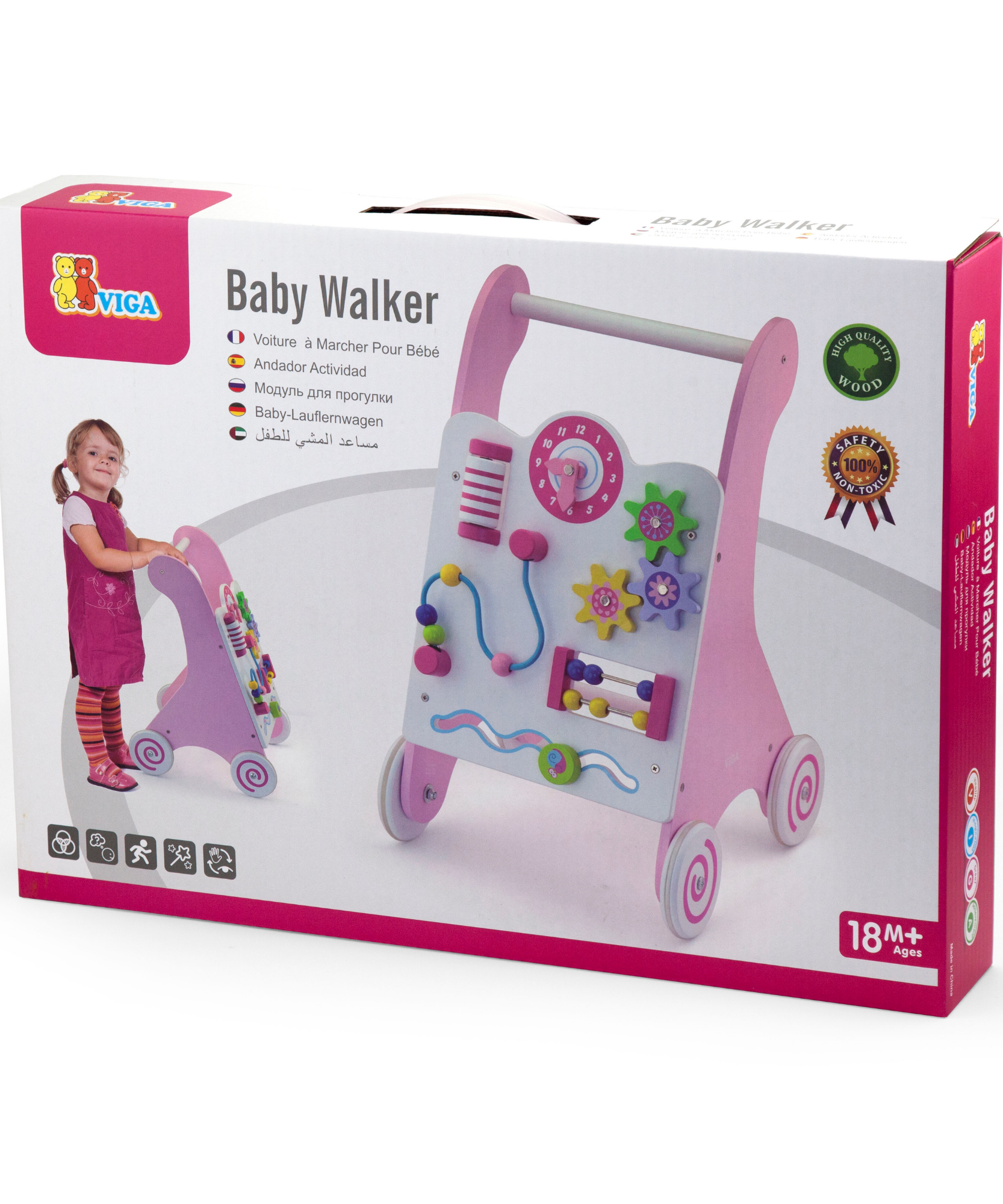 Viga Pink Wooden Activity Baby Walker, Montessori Toddler Walker with Clock, Bead Maze & Gears, Supports Walking & Motor Skills, Eco-Friendly & Non-Toxic Educational Toy, for Ages 18M+