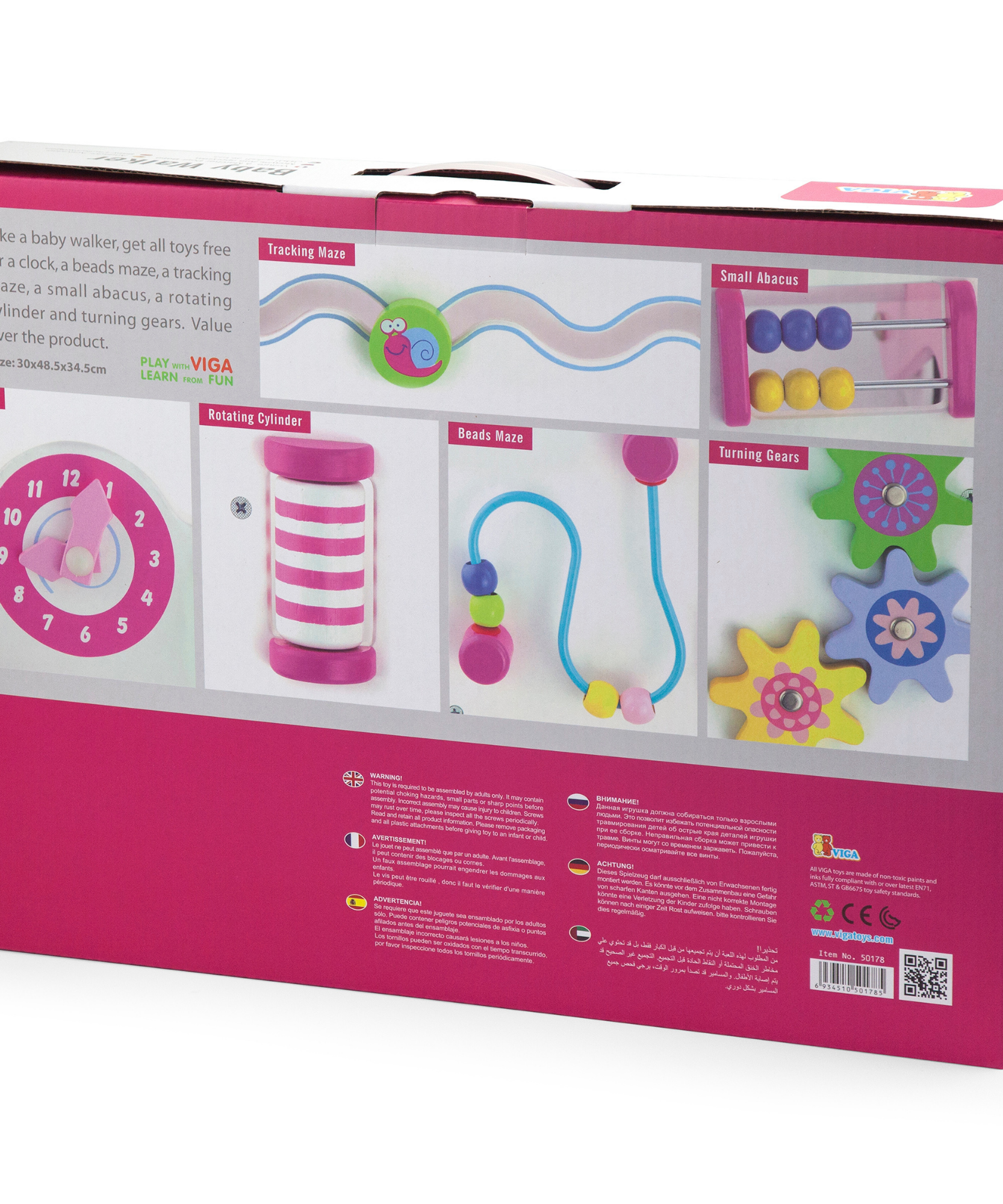 Viga Pink Wooden Activity Baby Walker, Montessori Toddler Walker with Clock, Bead Maze & Gears, Supports Walking & Motor Skills, Eco-Friendly & Non-Toxic Educational Toy, for Ages 18M+