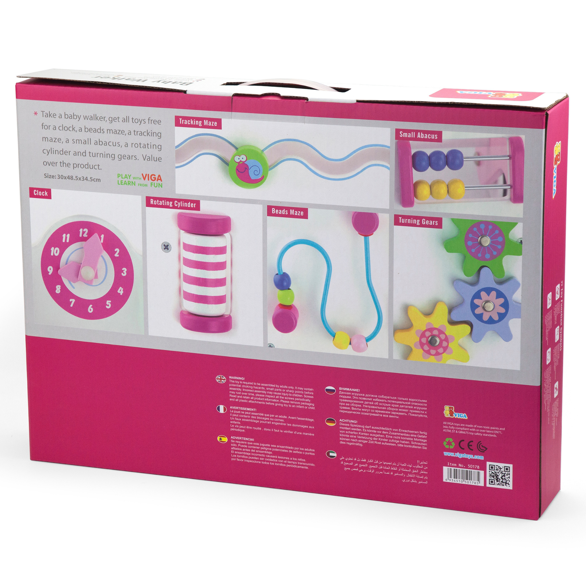Viga Pink Wooden Activity Baby Walker, Montessori Toddler Walker with Clock, Bead Maze & Gears, Supports Walking & Motor Skills, Eco-Friendly & Non-Toxic Educational Toy, for Ages 18M+