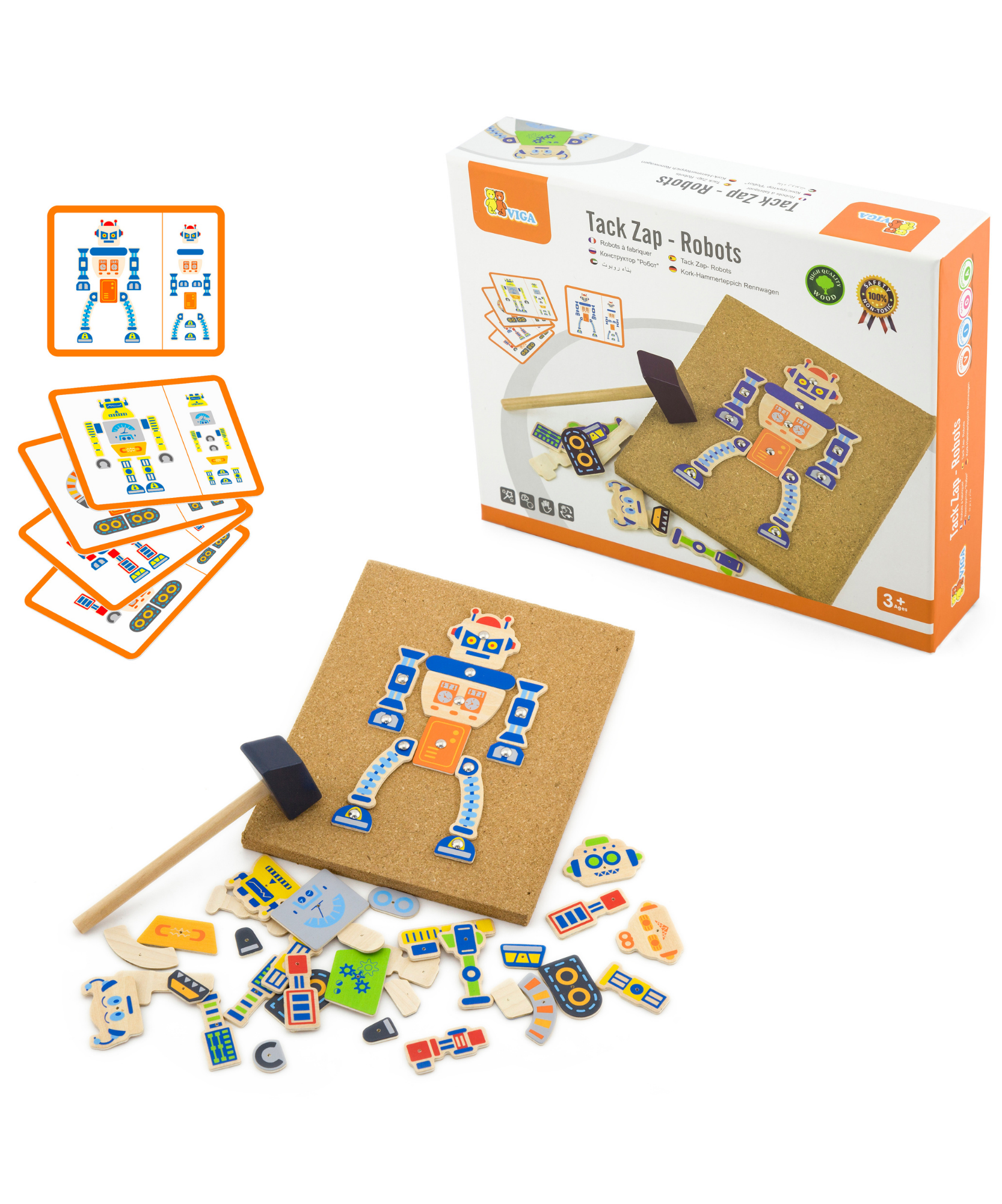VIGA Tack Zap – Robots Creative Craft Set for Kids , Montessori-Inspired Wooden Activity Toy with Cork Board, Hammer & 45 Robot Pieces , Enhances Fine Motor Skills, Creativity & Focus , 3 Years+