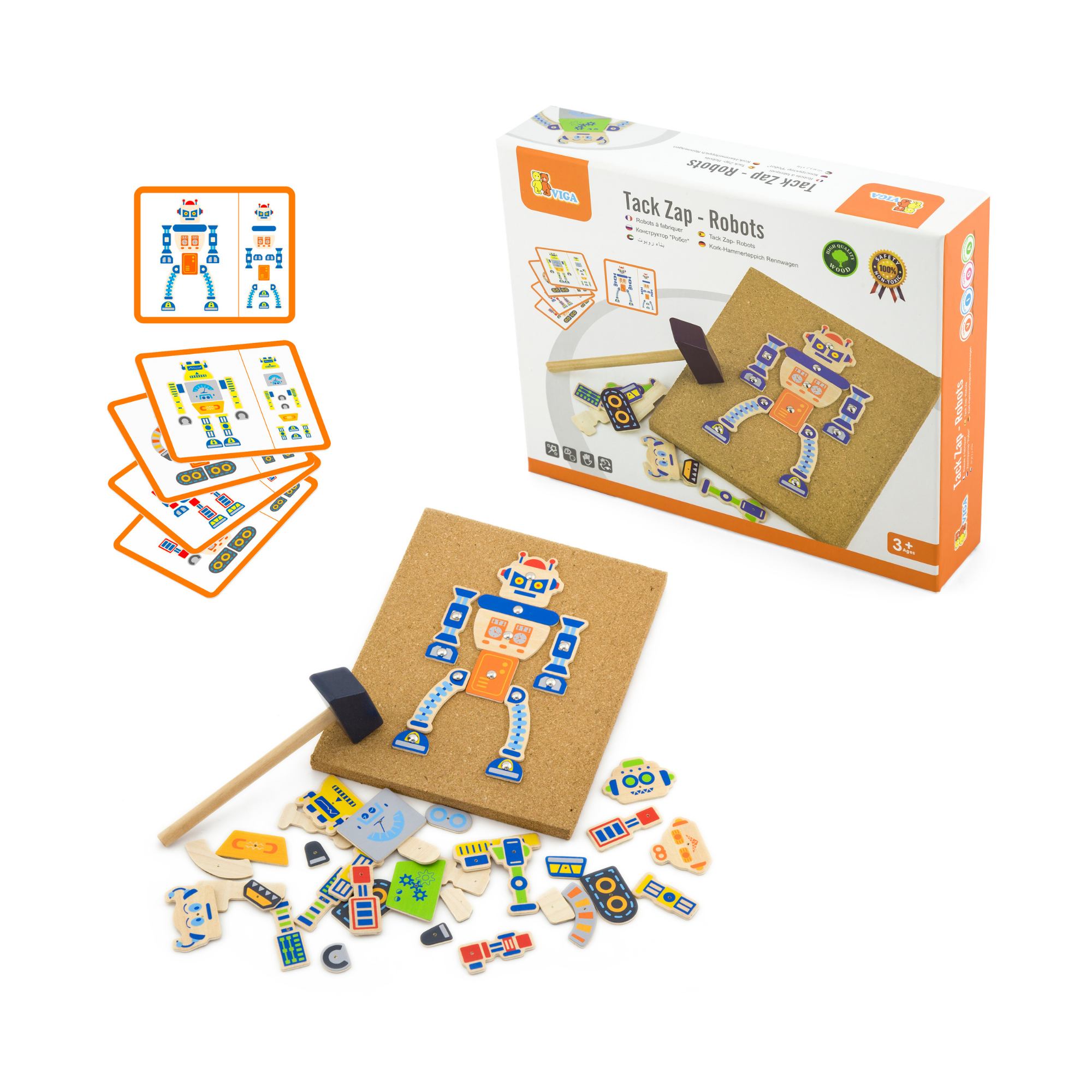 VIGA Tack Zap – Robots Creative Craft Set for Kids , Montessori-Inspired Wooden Activity Toy with Cork Board, Hammer & 45 Robot Pieces , Enhances Fine Motor Skills, Creativity & Focus , 3 Years+