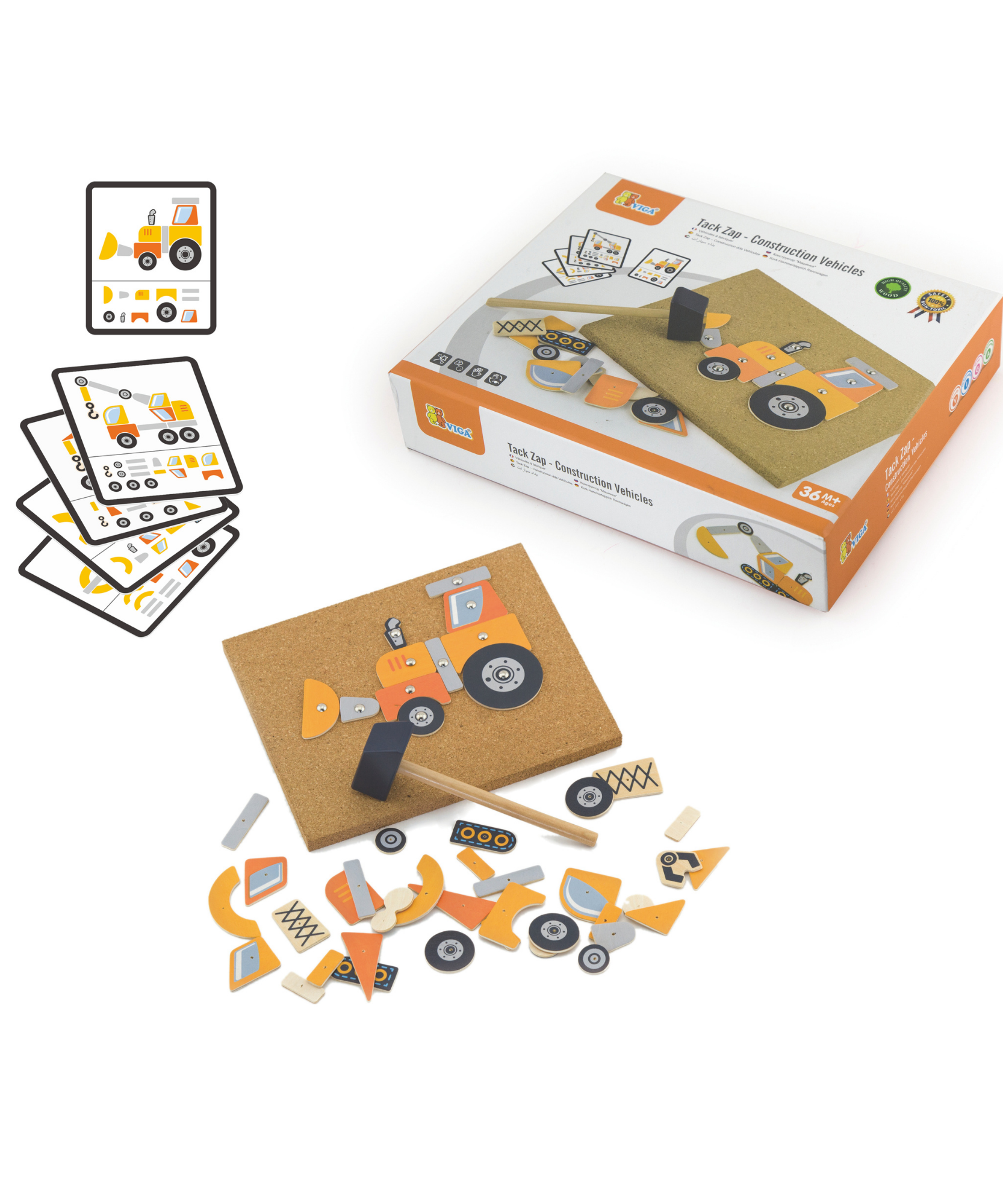 مجموعة مركبات البناء فيجا تاك زاب، لعبة مطرقة خشبية من مونتيسوري مع 45 قطعة وبطاقات تصميم، تنمي المهارات الحركية والمنطق، صديقة للبيئة وغير سامة، للأولاد والبنات من سن 3 سنوات فما فوق