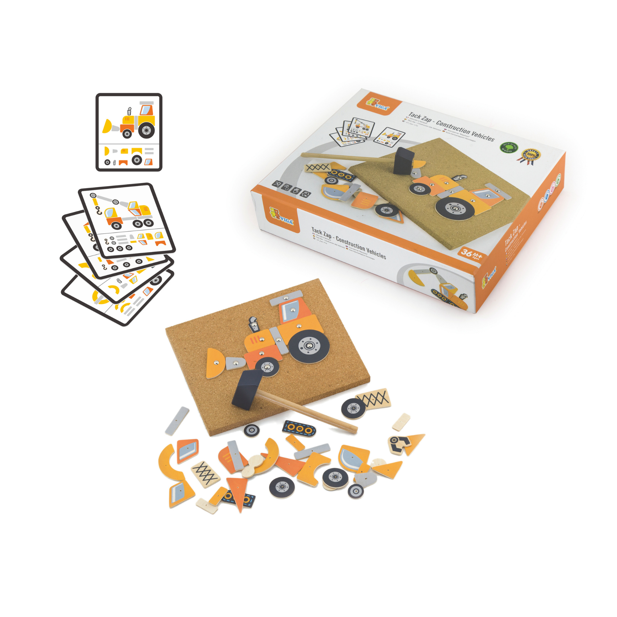 مجموعة مركبات البناء فيجا تاك زاب، لعبة مطرقة خشبية من مونتيسوري مع 45 قطعة وبطاقات تصميم، تنمي المهارات الحركية والمنطق، صديقة للبيئة وغير سامة، للأولاد والبنات من سن 3 سنوات فما فوق