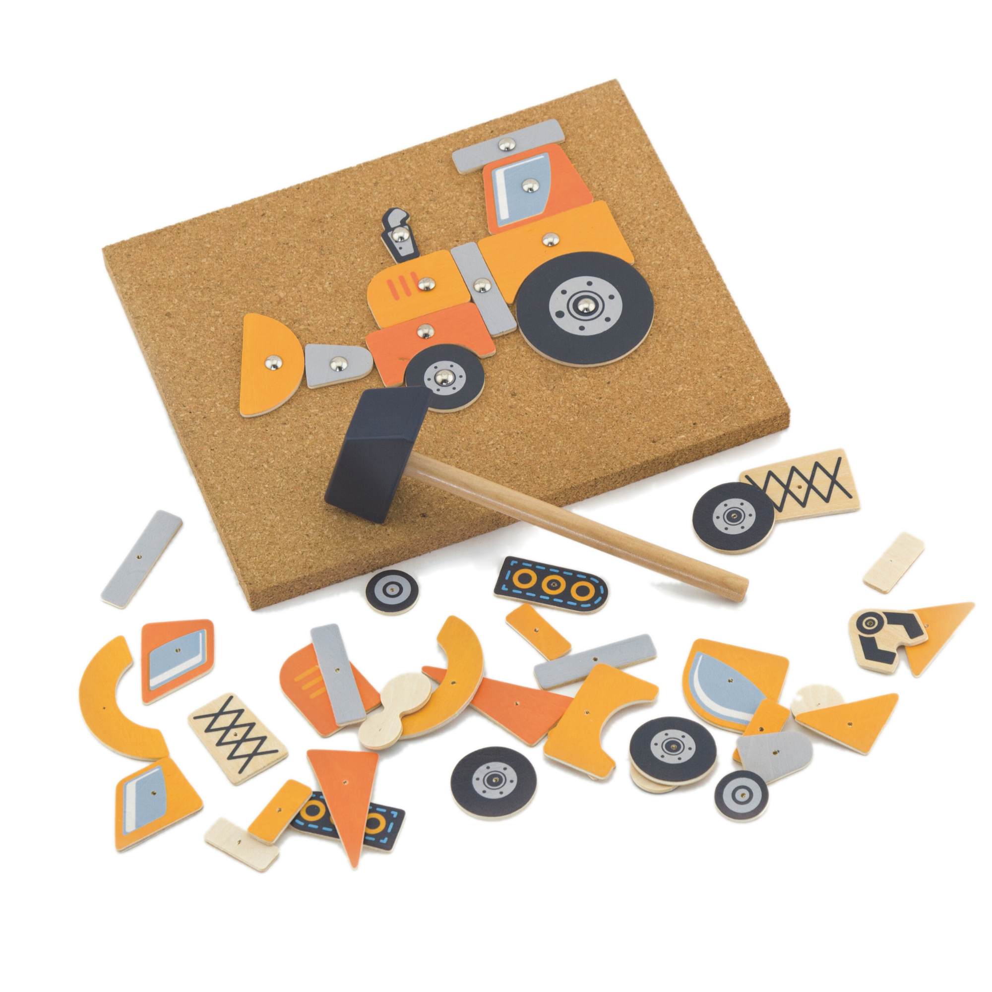مجموعة مركبات البناء فيجا تاك زاب، لعبة مطرقة خشبية من مونتيسوري مع 45 قطعة وبطاقات تصميم، تنمي المهارات الحركية والمنطق، صديقة للبيئة وغير سامة، للأولاد والبنات من سن 3 سنوات فما فوق