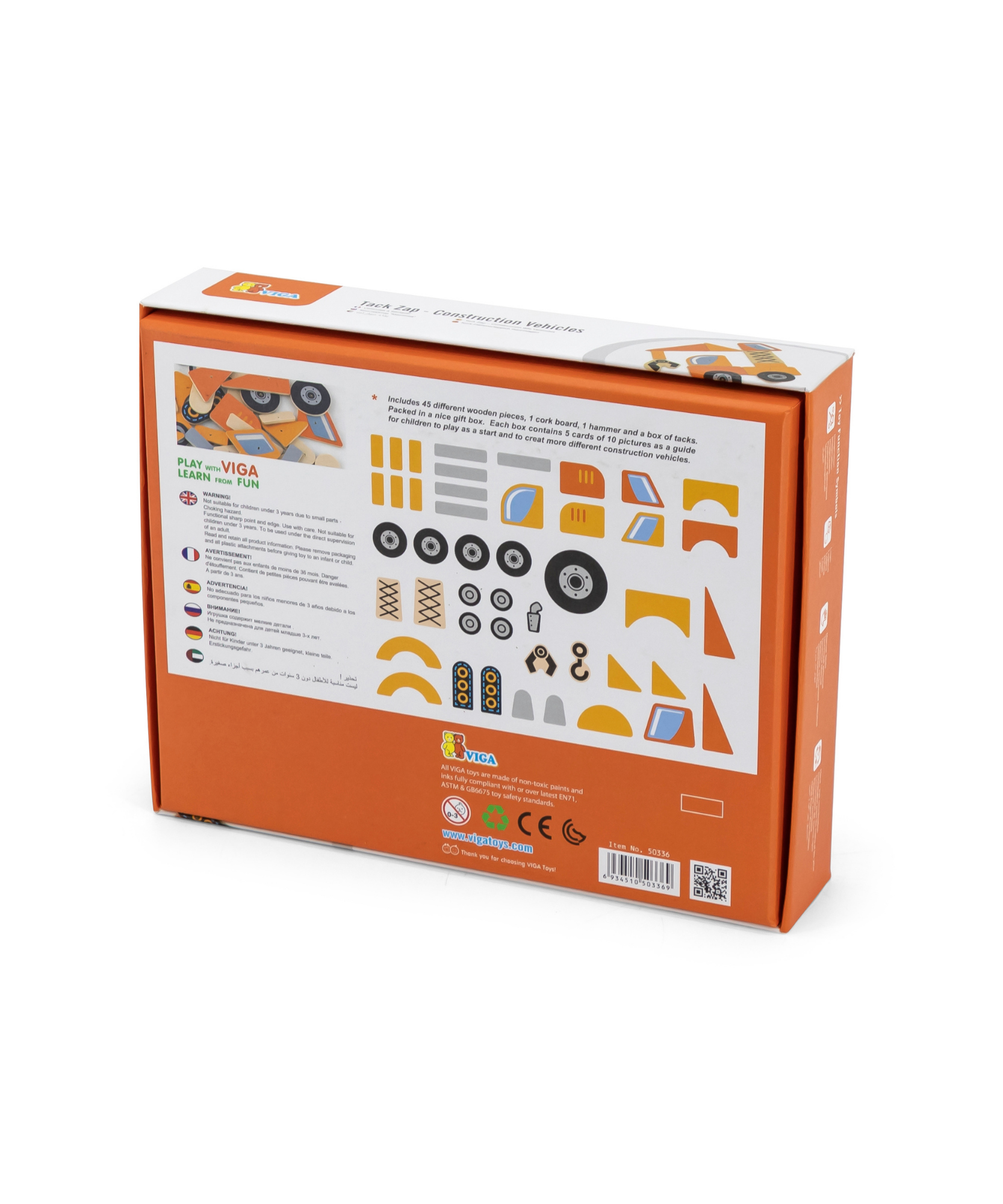 مجموعة مركبات البناء فيجا تاك زاب، لعبة مطرقة خشبية من مونتيسوري مع 45 قطعة وبطاقات تصميم، تنمي المهارات الحركية والمنطق، صديقة للبيئة وغير سامة، للأولاد والبنات من سن 3 سنوات فما فوق