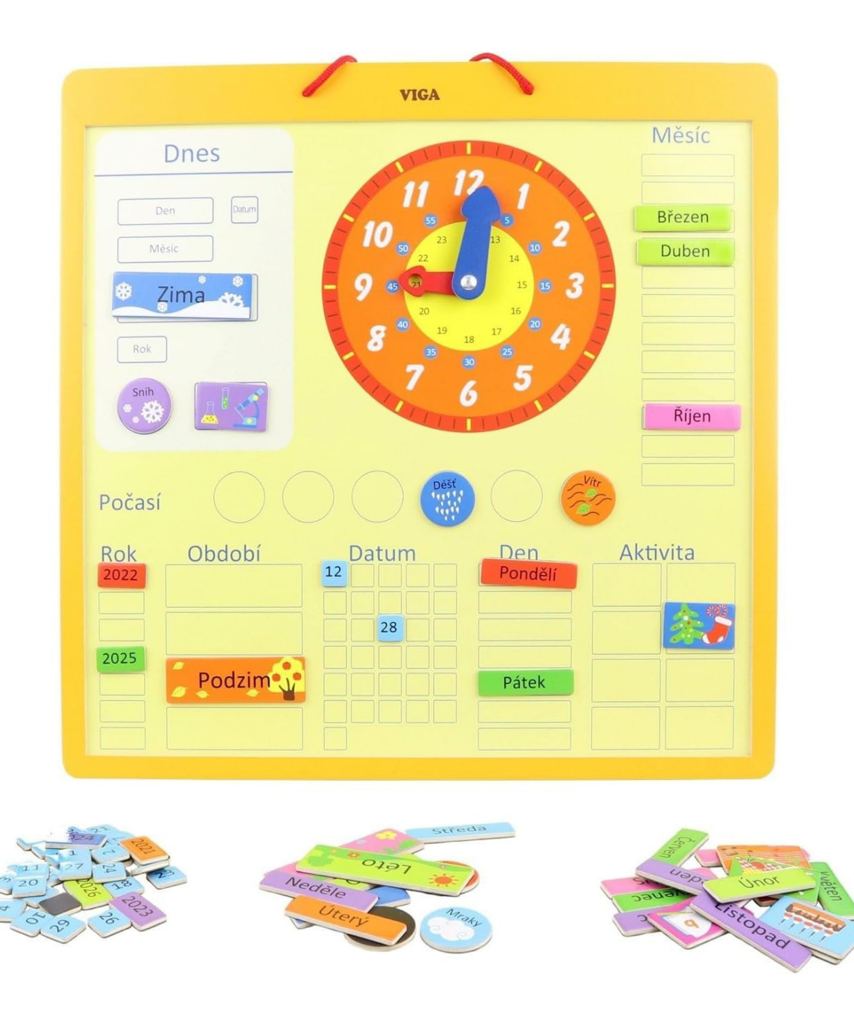 VIGA Wooden Magnetic Calendar for Kids – Montessori-Inspired Learning Calendar with 75 Pieces, Educational Wall Chart for Time, Weather, Days, and Seasons, Eco-Friendly Toy for Home & School , Ages 3+