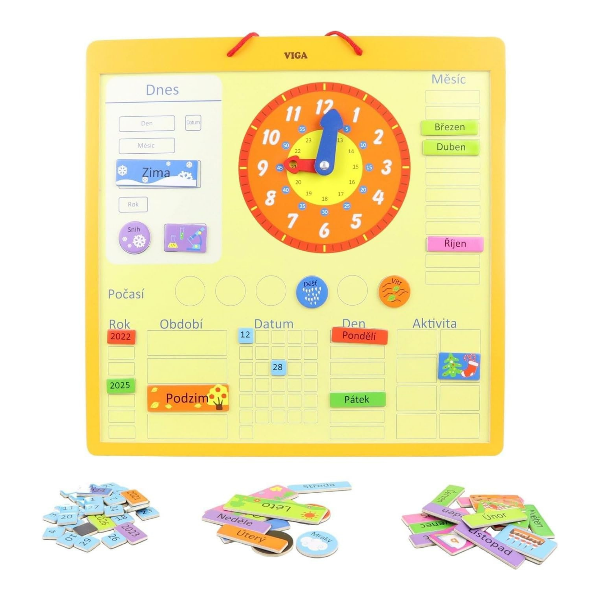 تقويم فيجا الخشبي المغناطيسي للأطفال - تقويم تعليمي مستوحى من مونتيسوري مع 75 قطعة، مخطط جداري تعليمي للوقت والطقس والأيام والفصول، لعبة صديقة للبيئة للمنزل والمدرسة، للأعمار من 3 سنوات فما فوق