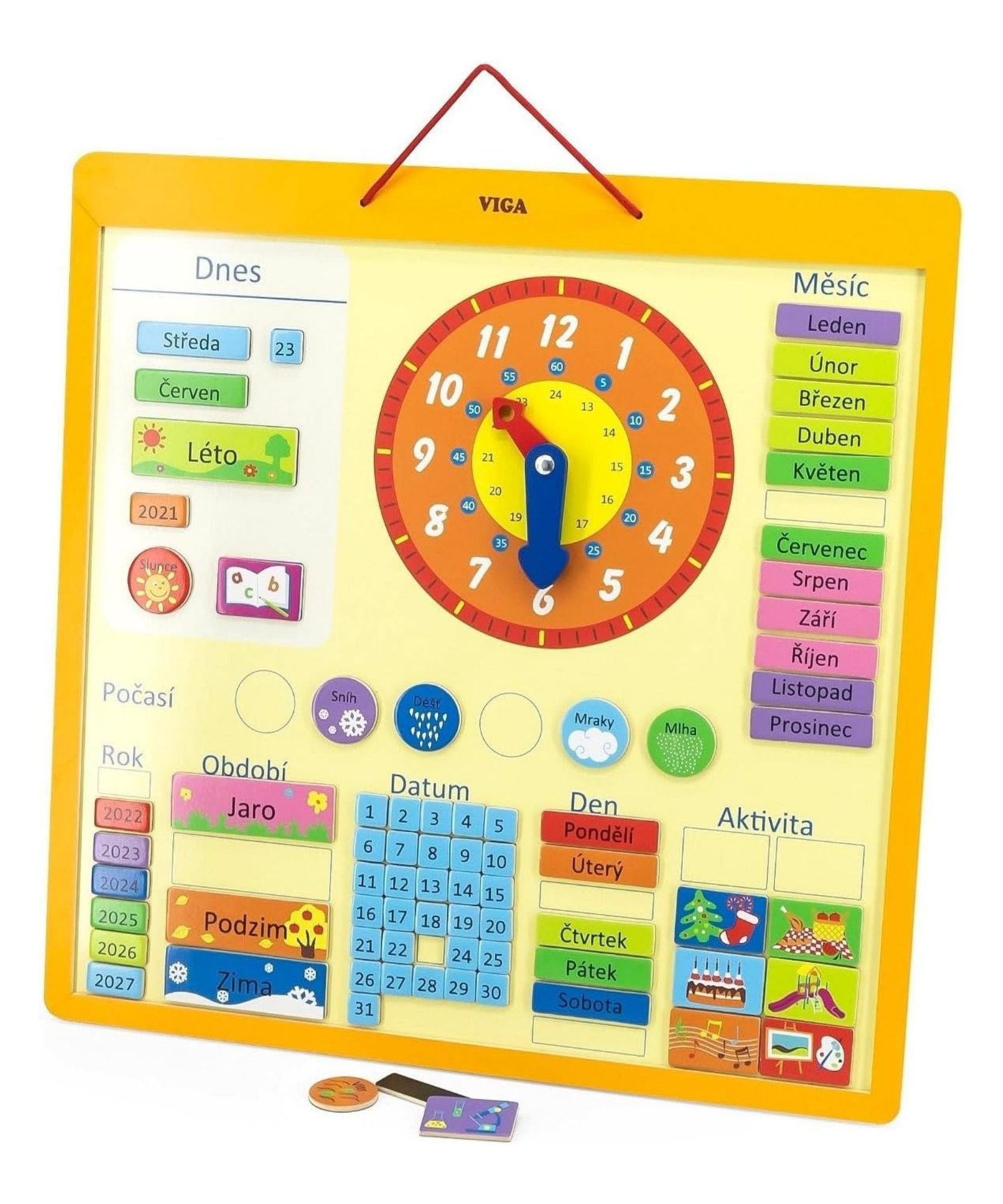 VIGA Wooden Magnetic Calendar for Kids – Montessori-Inspired Learning Calendar with 75 Pieces, Educational Wall Chart for Time, Weather, Days, and Seasons, Eco-Friendly Toy for Home & School , Ages 3+