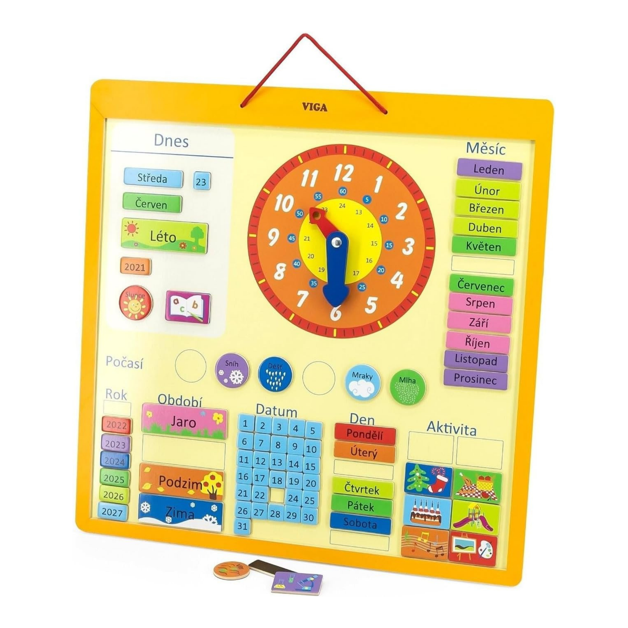 تقويم فيجا الخشبي المغناطيسي للأطفال - تقويم تعليمي مستوحى من مونتيسوري مع 75 قطعة، مخطط جداري تعليمي للوقت والطقس والأيام والفصول، لعبة صديقة للبيئة للمنزل والمدرسة، للأعمار من 3 سنوات فما فوق