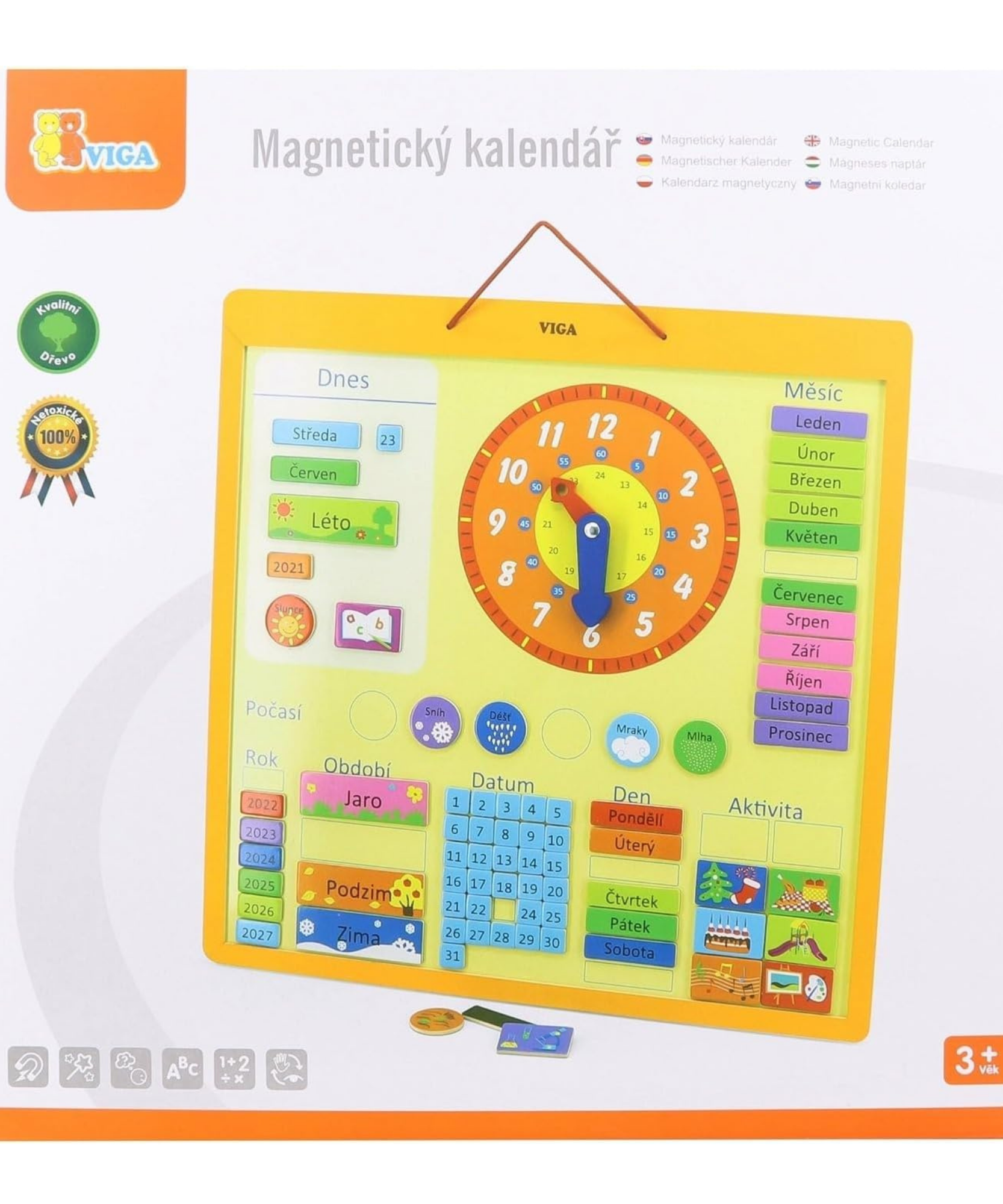 VIGA Wooden Magnetic Calendar for Kids – Montessori-Inspired Learning Calendar with 75 Pieces, Educational Wall Chart for Time, Weather, Days, and Seasons, Eco-Friendly Toy for Home & School , Ages 3+