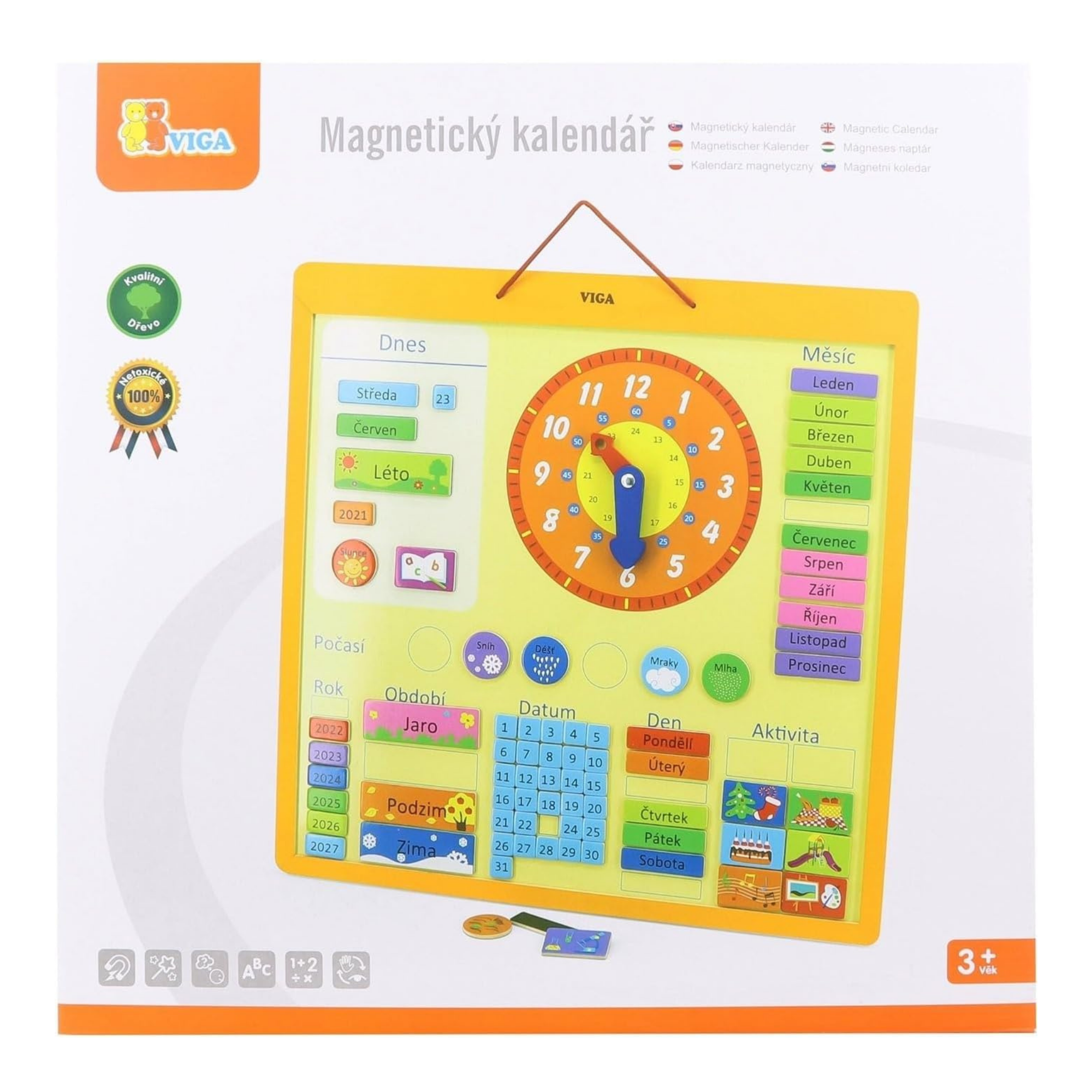 VIGA Wooden Magnetic Calendar for Kids – Montessori-Inspired Learning Calendar with 75 Pieces, Educational Wall Chart for Time, Weather, Days, and Seasons, Eco-Friendly Toy for Home & School , Ages 3+