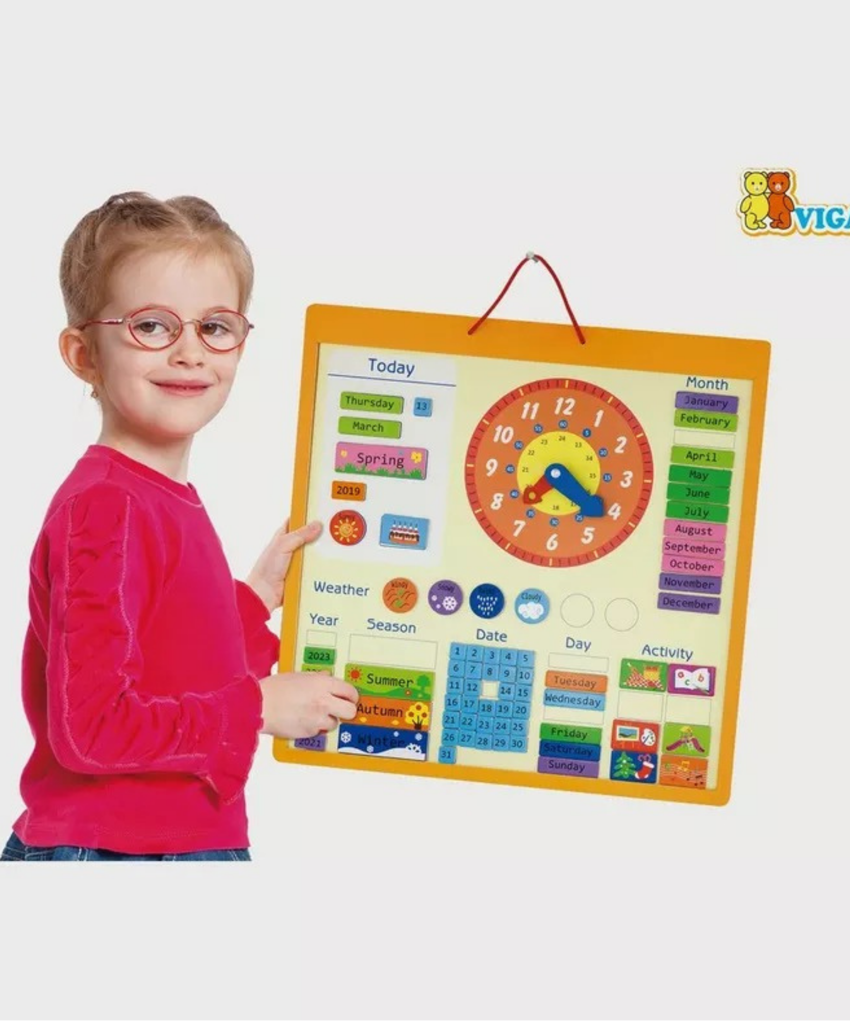 VIGA Wooden Magnetic Calendar for Kids – Montessori-Inspired Learning Calendar with 75 Pieces, Educational Wall Chart for Time, Weather, Days, and Seasons, Eco-Friendly Toy for Home & School , Ages 3+