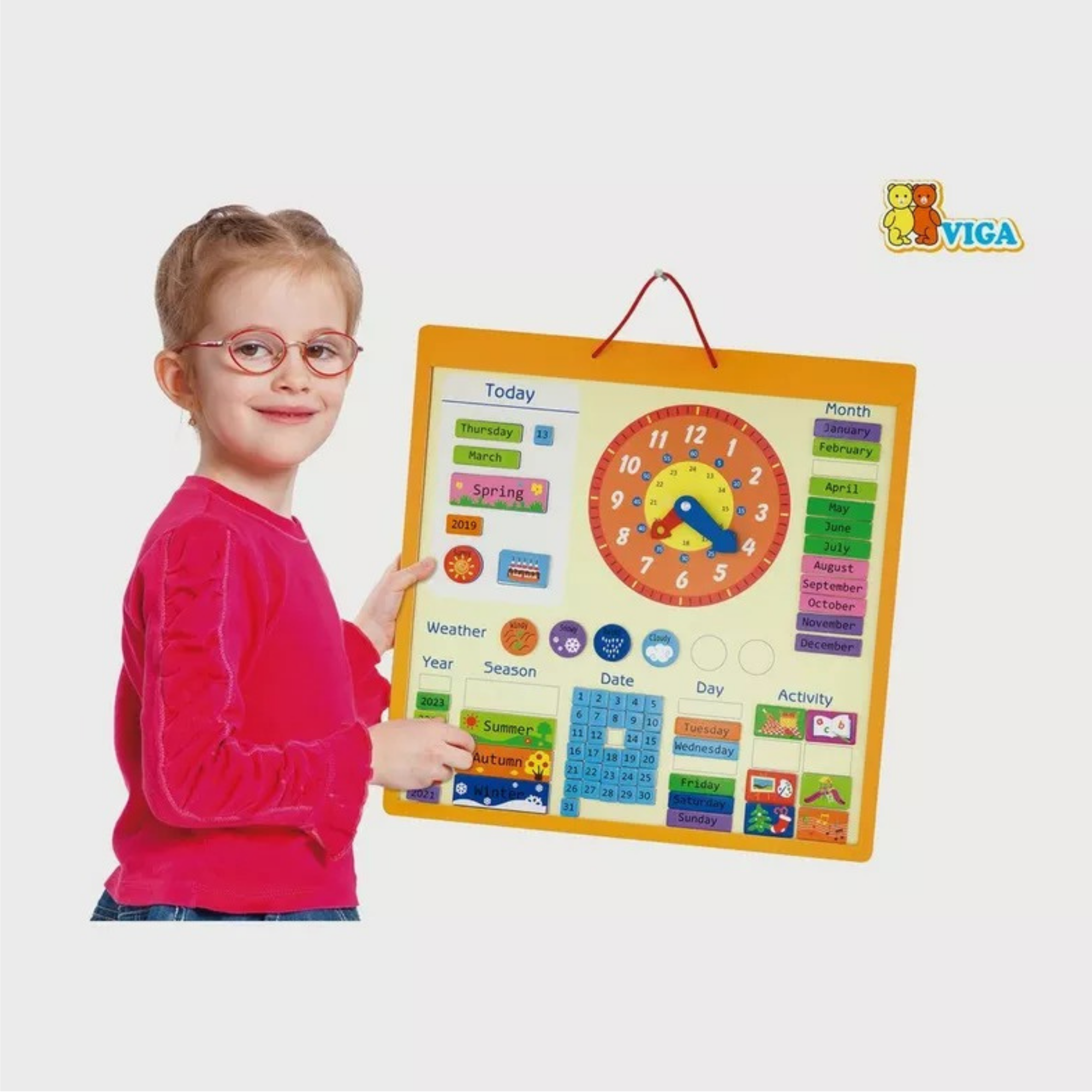 VIGA Wooden Magnetic Calendar for Kids – Montessori-Inspired Learning Calendar with 75 Pieces, Educational Wall Chart for Time, Weather, Days, and Seasons, Eco-Friendly Toy for Home & School , Ages 3+