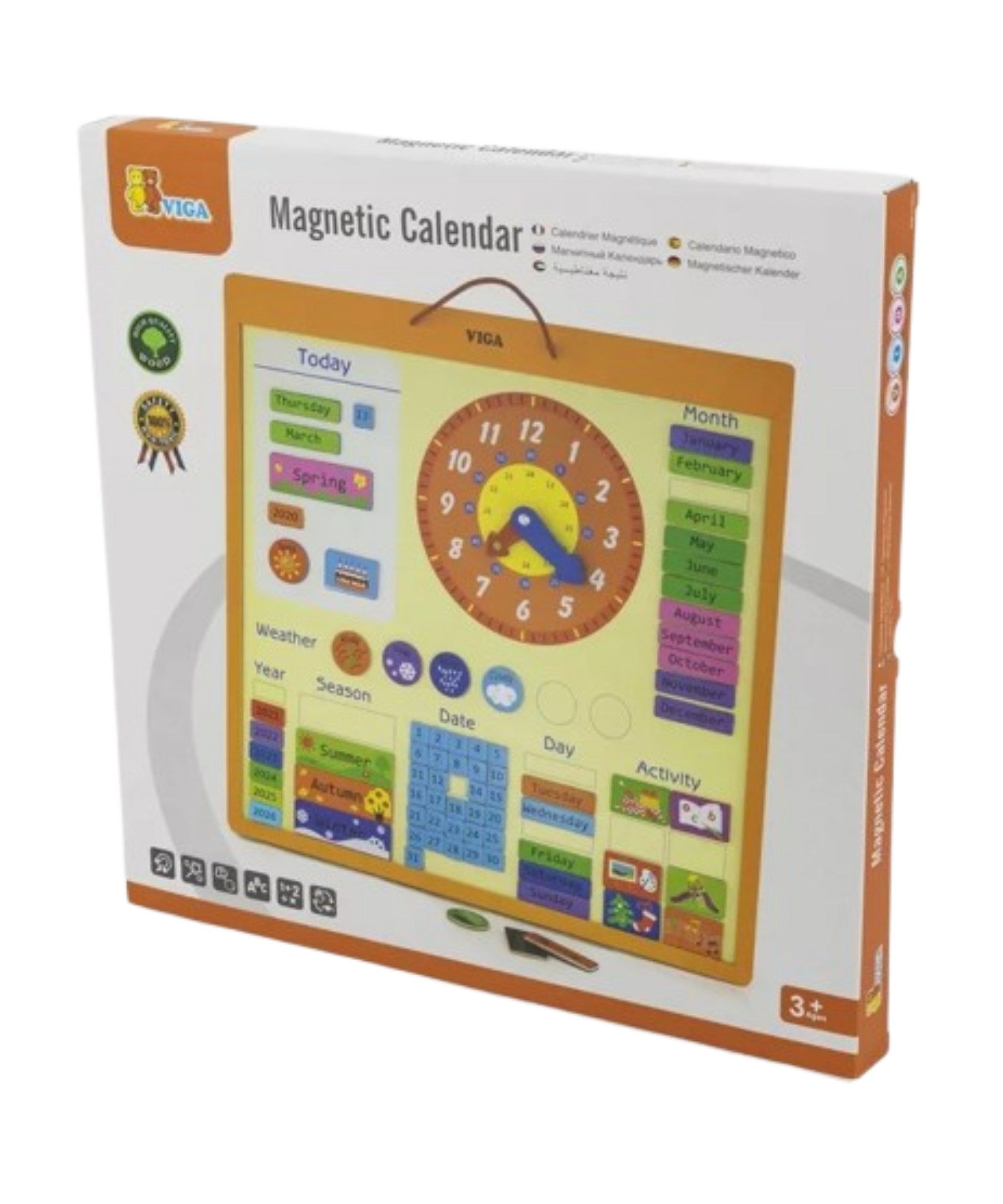 VIGA Wooden Magnetic Calendar for Kids – Montessori-Inspired Learning Calendar with 75 Pieces, Educational Wall Chart for Time, Weather, Days, and Seasons, Eco-Friendly Toy for Home & School , Ages 3+