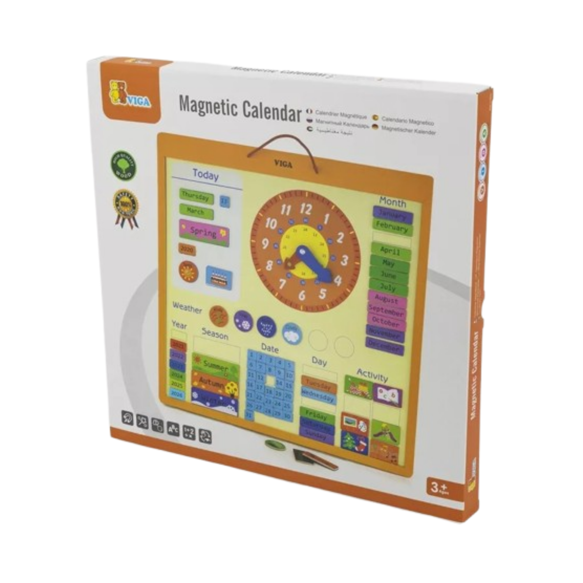 VIGA Wooden Magnetic Calendar for Kids – Montessori-Inspired Learning Calendar with 75 Pieces, Educational Wall Chart for Time, Weather, Days, and Seasons, Eco-Friendly Toy for Home & School , Ages 3+