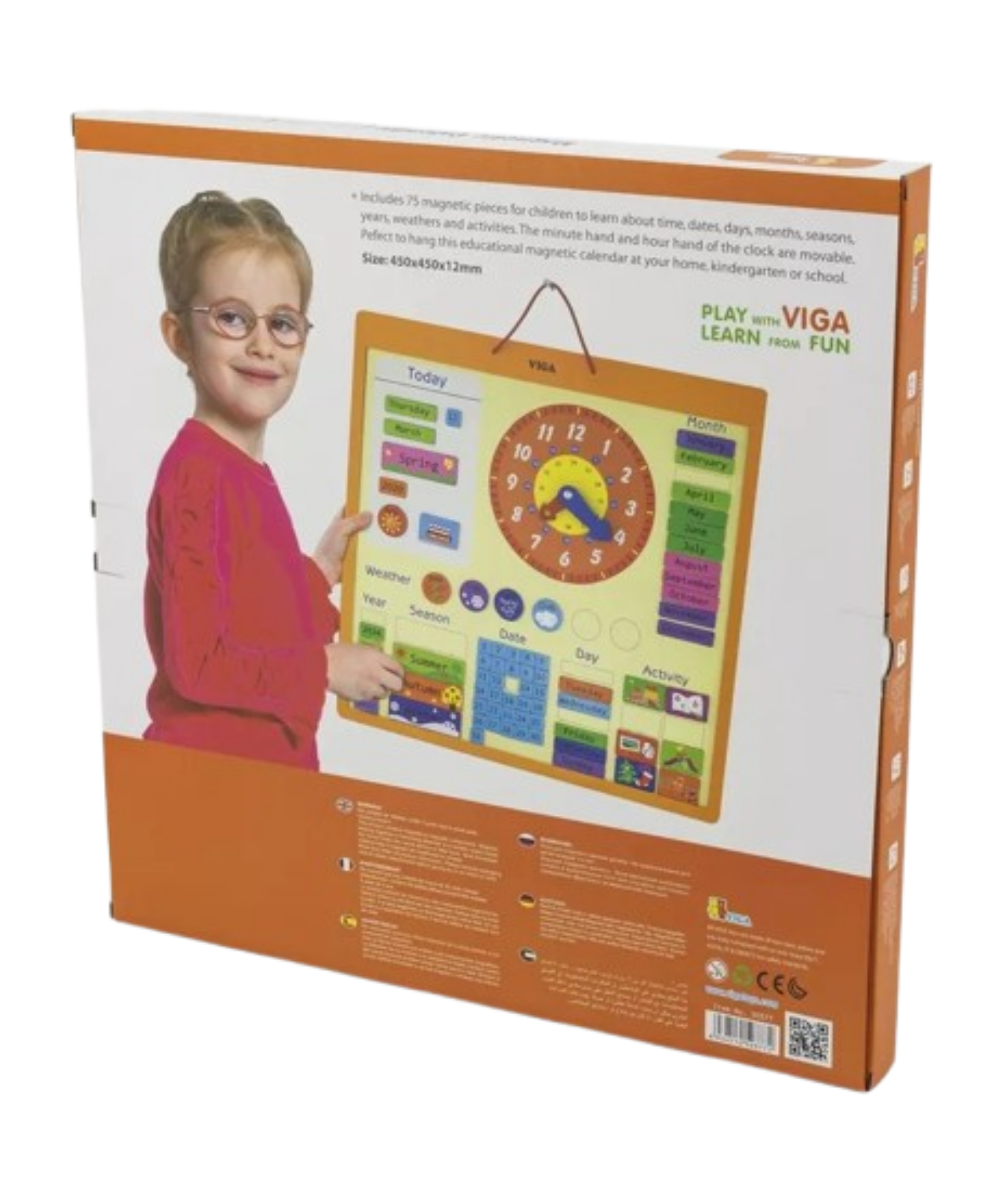 VIGA Wooden Magnetic Calendar for Kids – Montessori-Inspired Learning Calendar with 75 Pieces, Educational Wall Chart for Time, Weather, Days, and Seasons, Eco-Friendly Toy for Home & School , Ages 3+